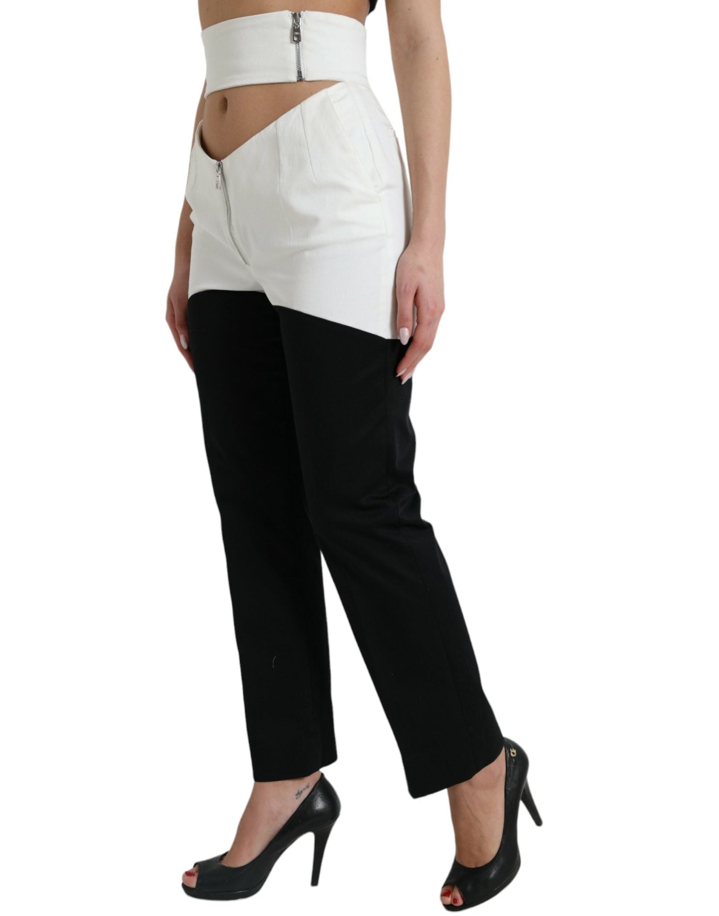Dolce & Gabbana Black White Cotton Cut Out Waist Tapered Women's Pants