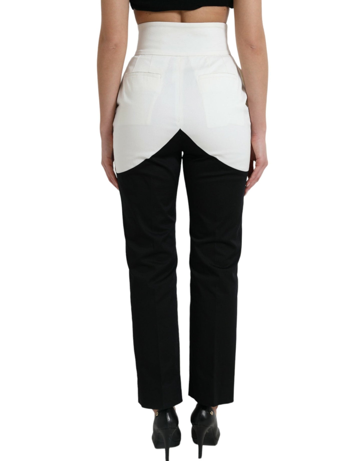 Dolce & Gabbana Black White Cotton Cut Out Waist Tapered Women's Pants