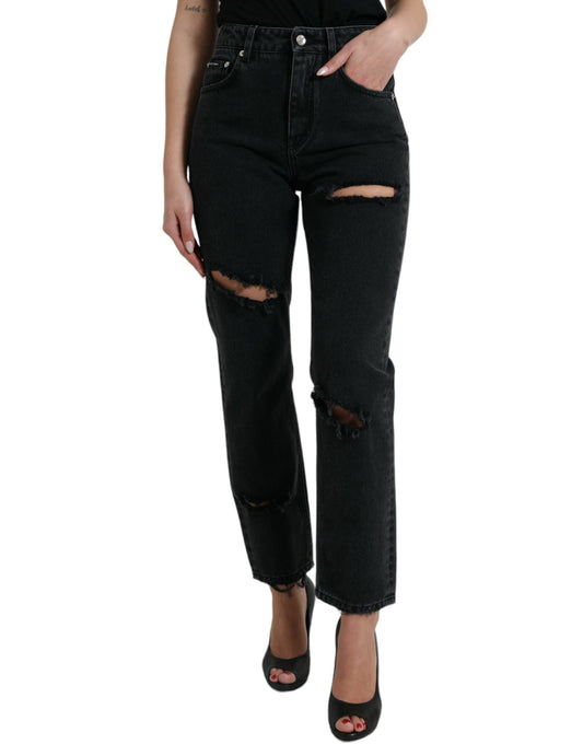 Dolce & Gabbana Black Cotton High Waist Tattered Denim Women's Jeans