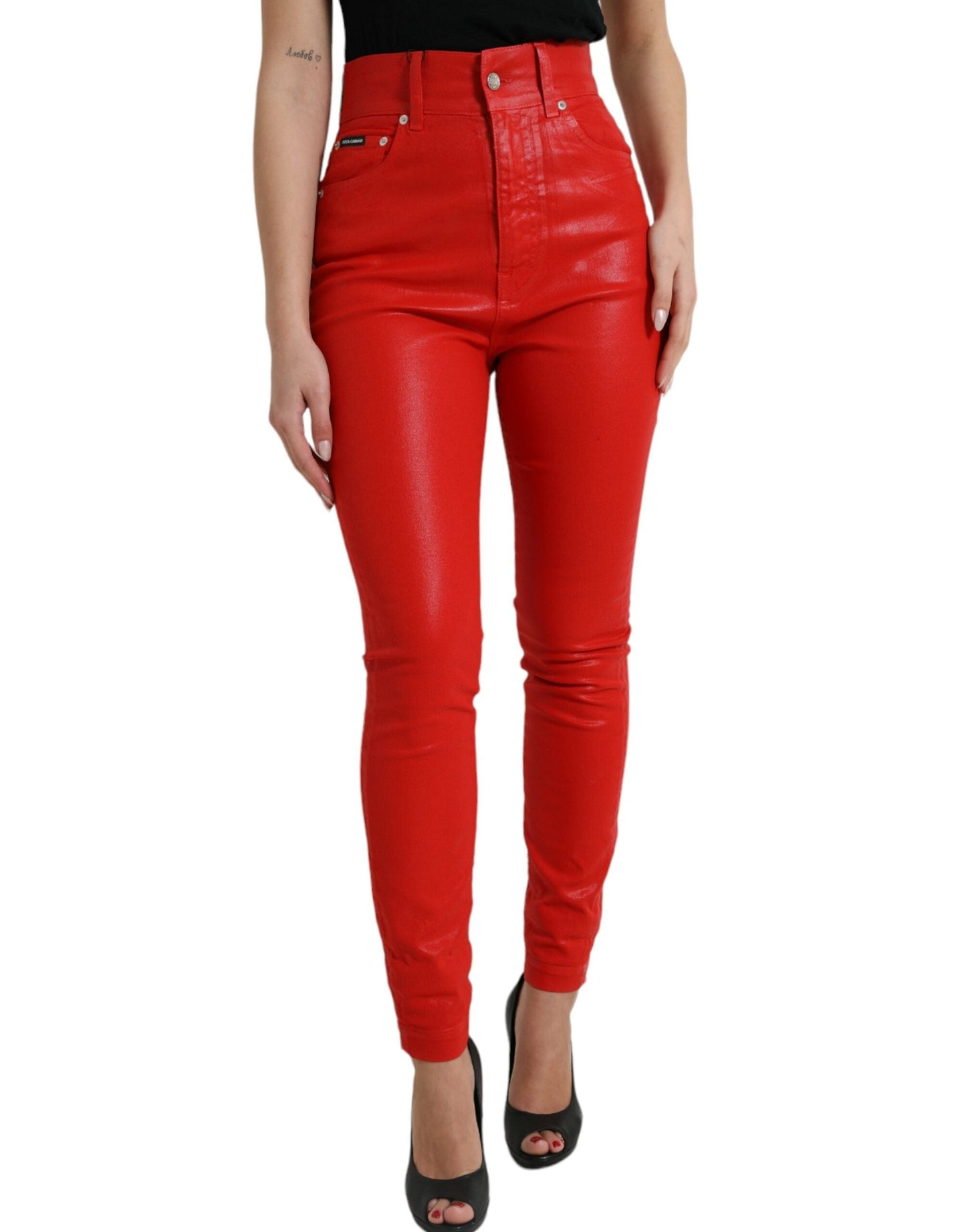 Dolce & Gabbana Red Cotton High Waist Skinny Denim Women's Jeans