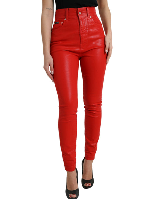 Dolce & Gabbana Red Cotton High Waist Skinny Denim Women's Jeans