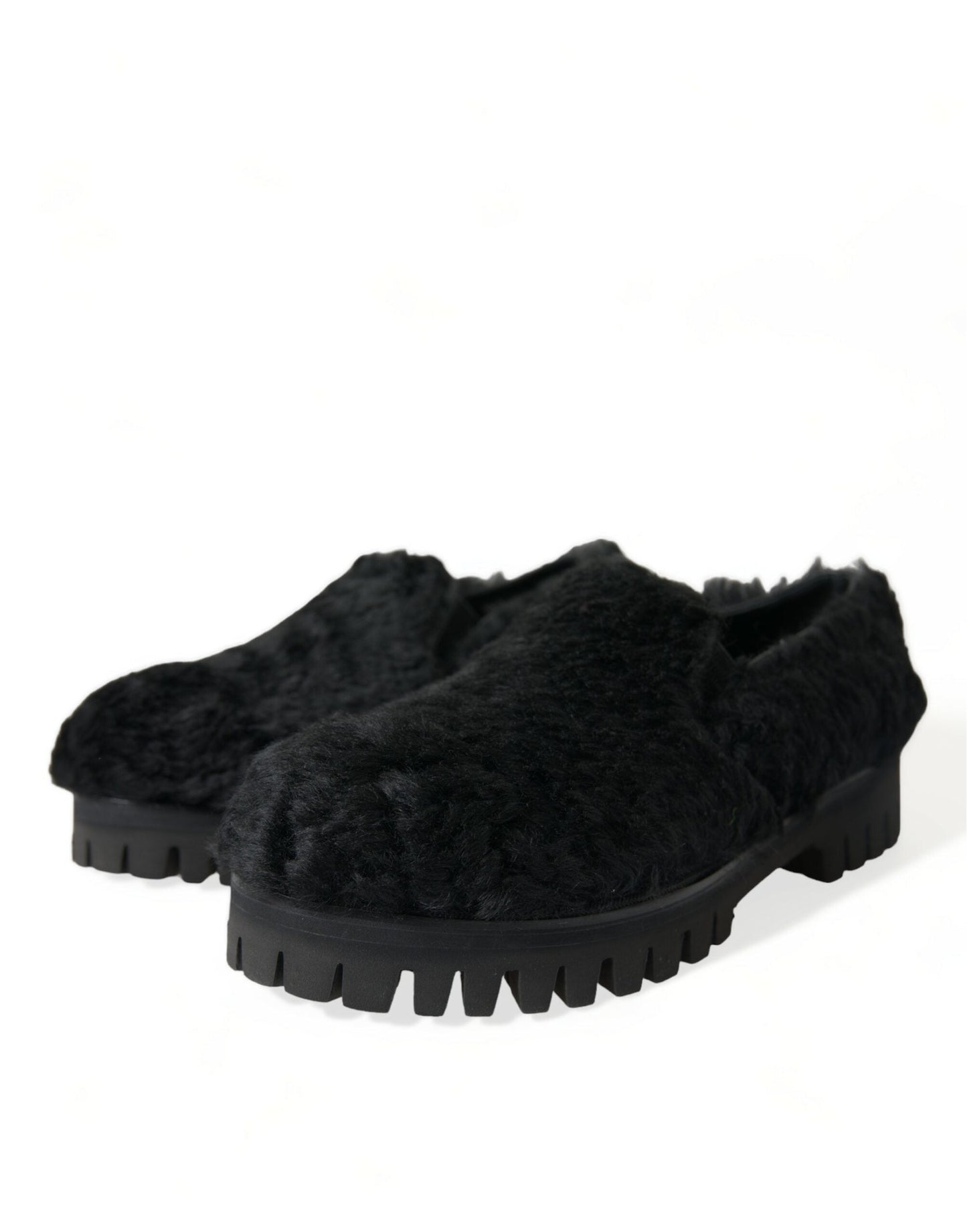 Dolce & Gabbana Black Fur Leather Slippers Dress Men's Shoes