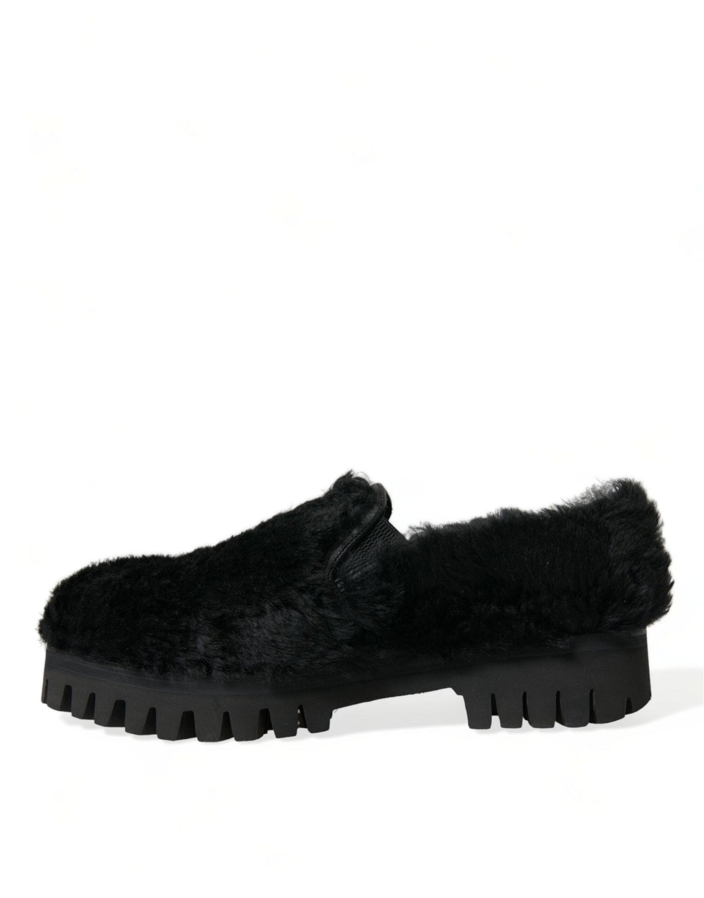 Dolce & Gabbana Black Fur Leather Slippers Dress Men's Shoes