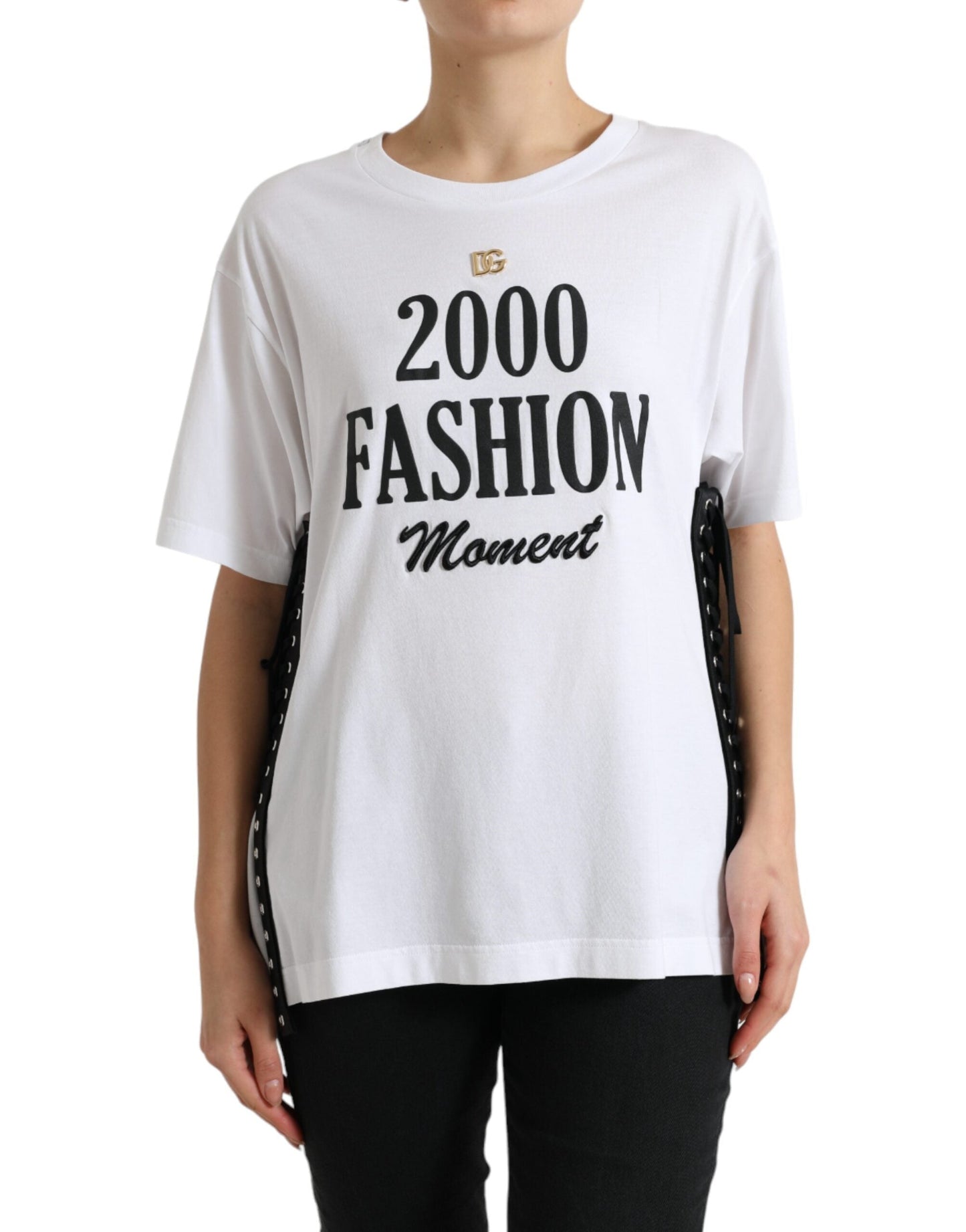 Dolce & Gabbana White Slogan Print Lacing Detailed Women's T-shirt