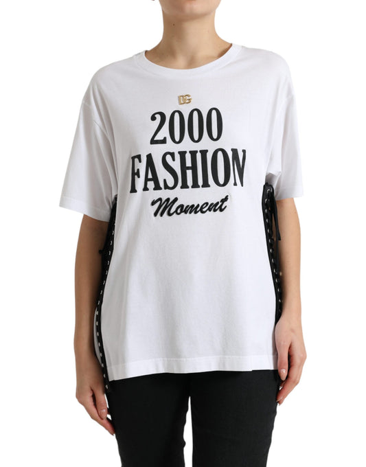 Dolce & Gabbana White Slogan Print Lacing Detailed Women's T-shirt