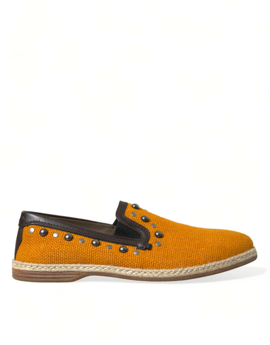 Dolce & Gabbana Orange Linen Leather Studded Loafers Men's Shoes
