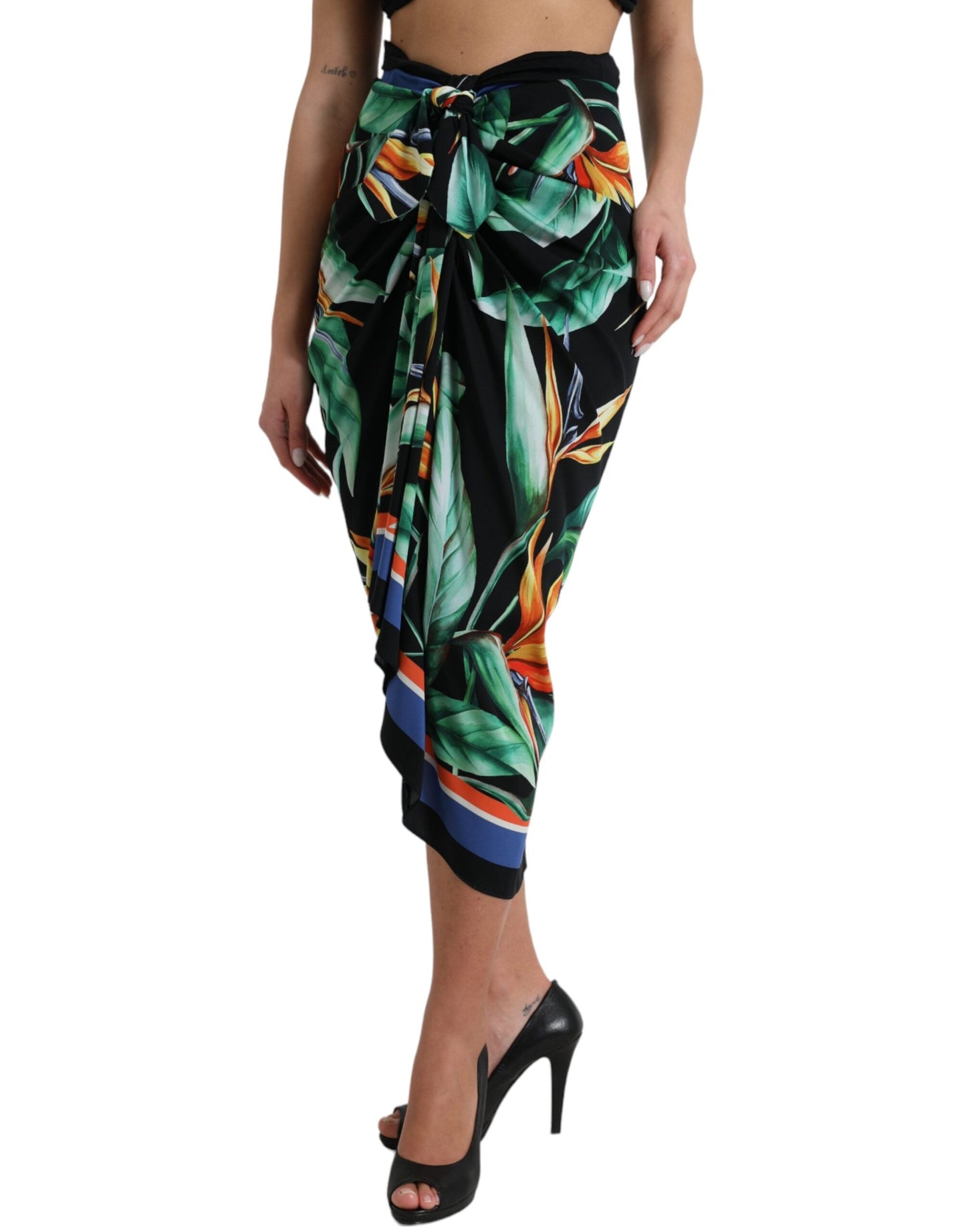 Dolce & Gabbana Black Strelitzia High Waist Wrap Midi Women's Skirt