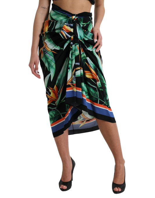 Dolce & Gabbana Black Strelitzia High Waist Wrap Midi Women's Skirt