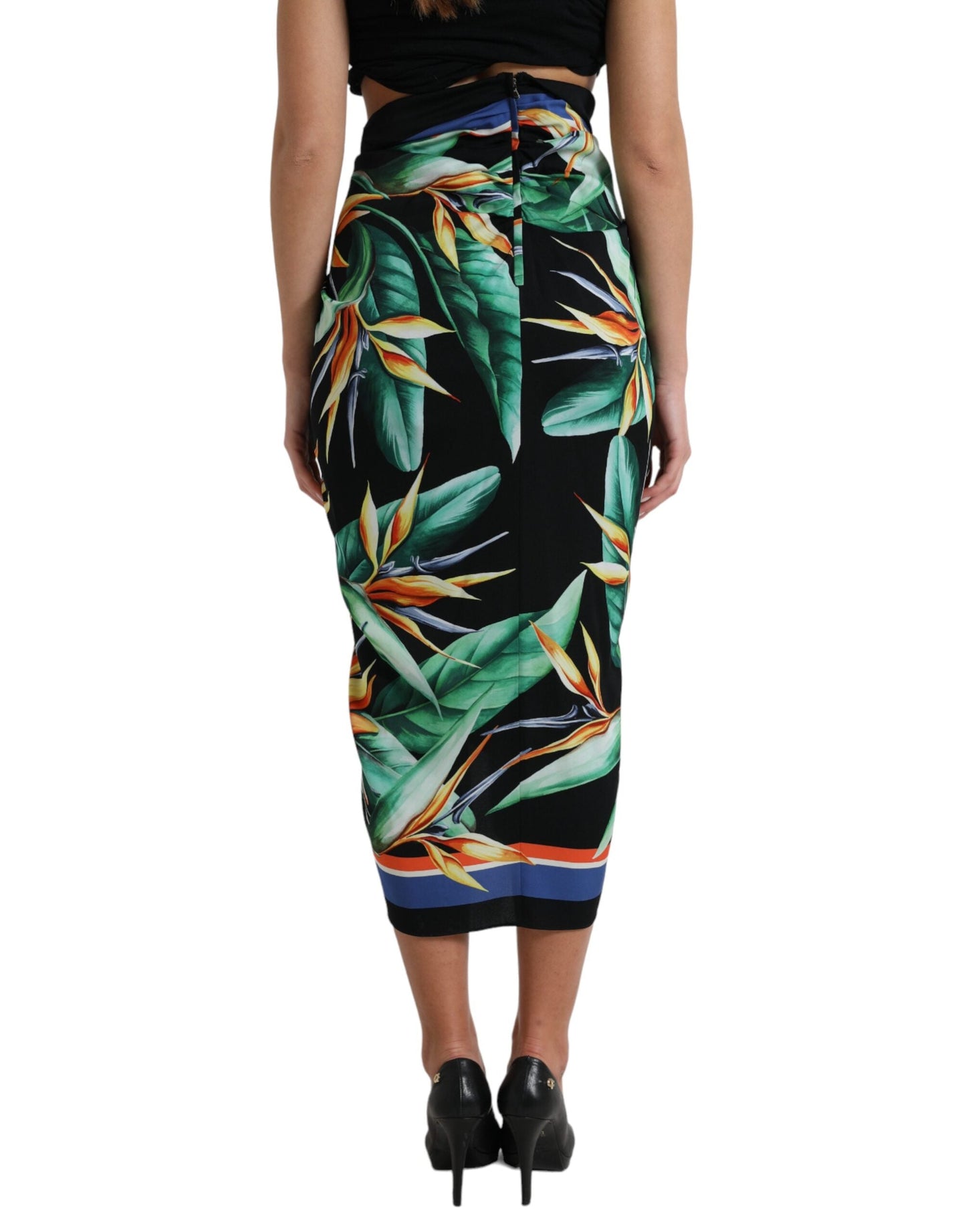 Dolce & Gabbana Black Strelitzia High Waist Wrap Midi Women's Skirt
