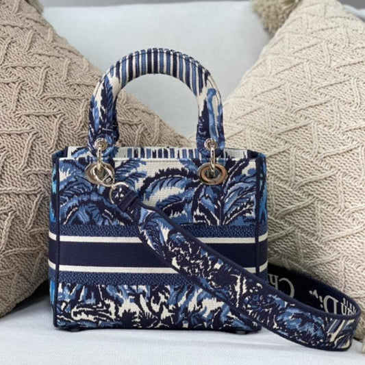 DIOR MEDIUM LADY D-LITE BLUE PALMS EMBROIDERY