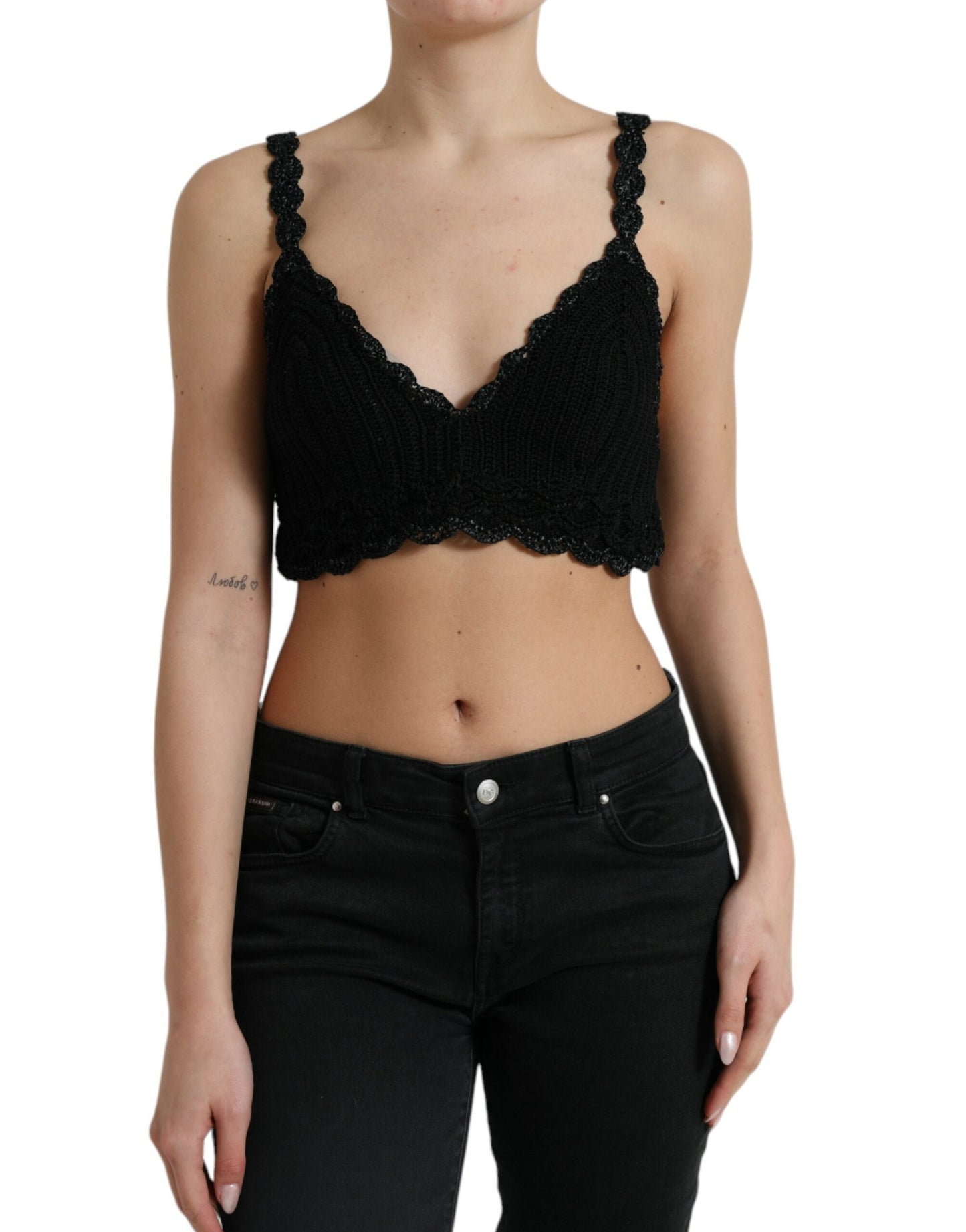 Dolce & Gabbana Black Cotton Bustier Cropped Crochet Tank Women's Top