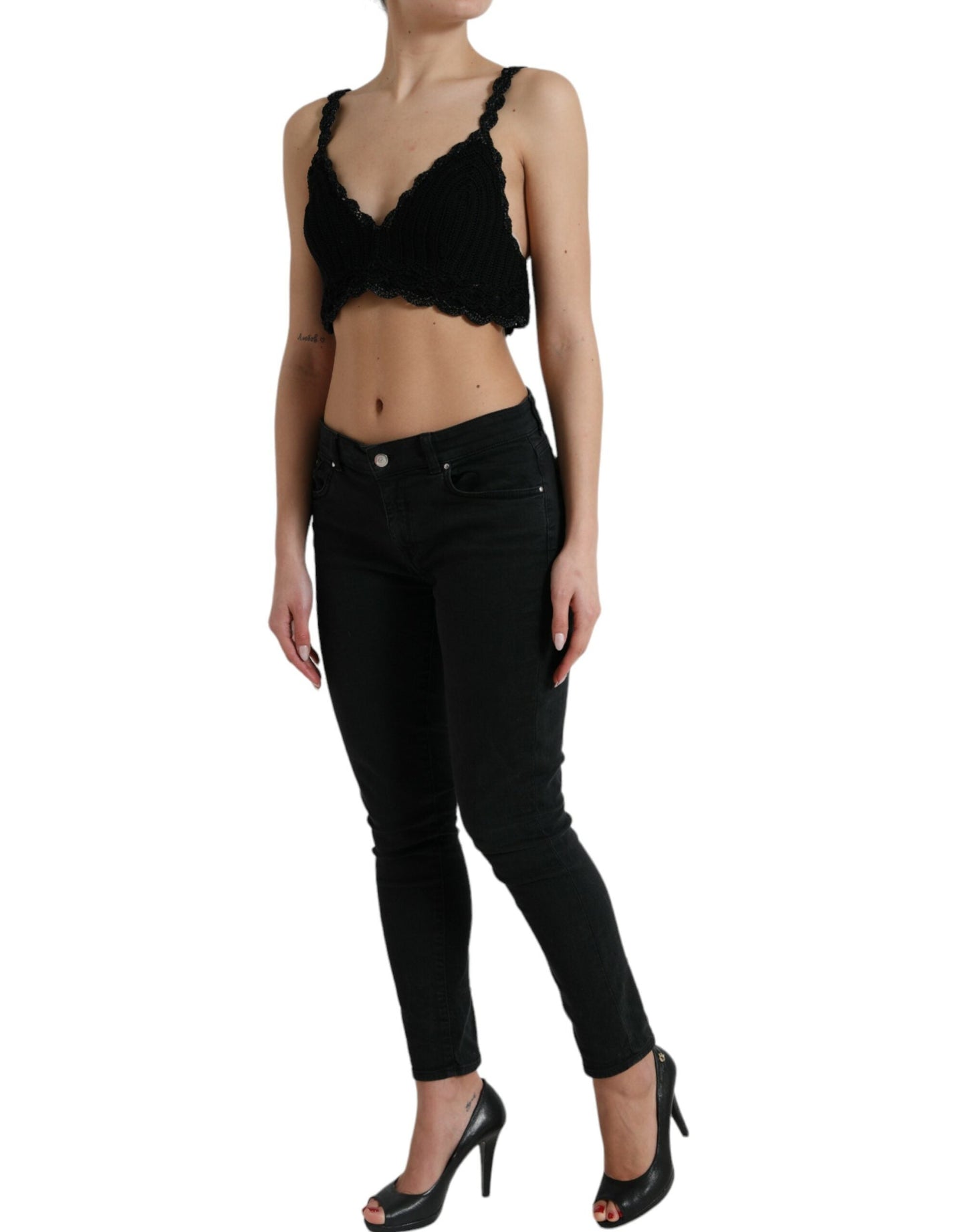 Dolce & Gabbana Black Cotton Bustier Cropped Crochet Tank Women's Top