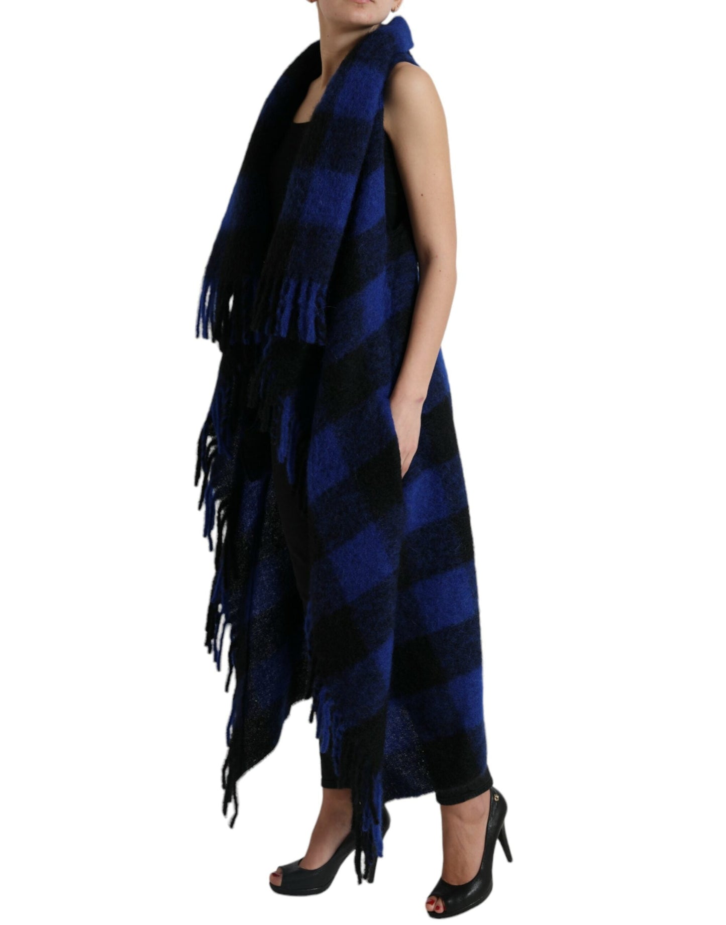 Dolce & Gabbana Black Blue Buffalo Check Poncho Coat Women's Sweater