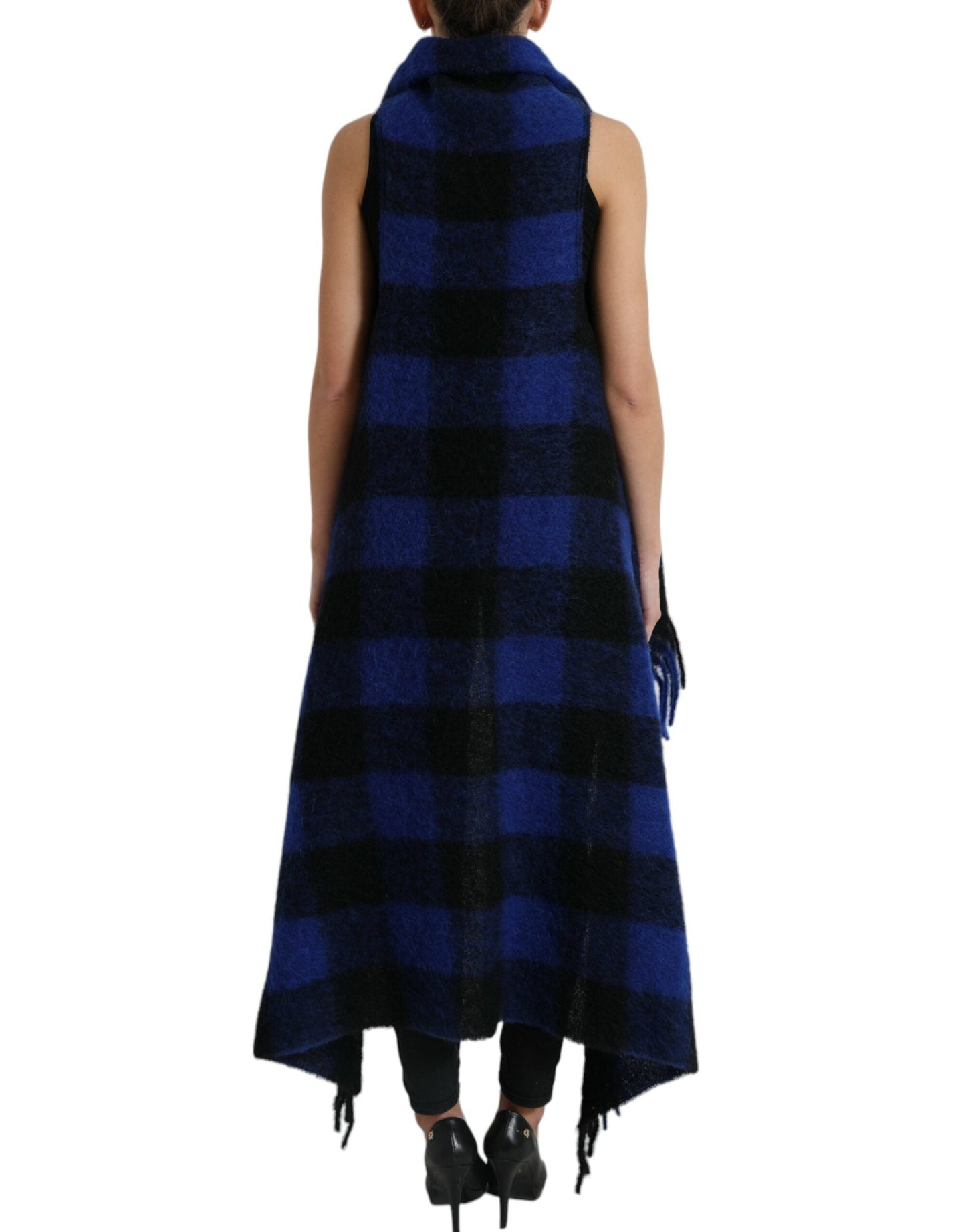 Dolce & Gabbana Black Blue Buffalo Check Poncho Coat Women's Sweater
