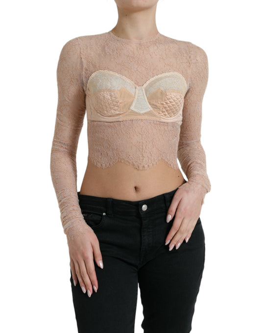 Dolce & Gabbana Beige Nylon Floral Lace Bustier Cropped Women's Top