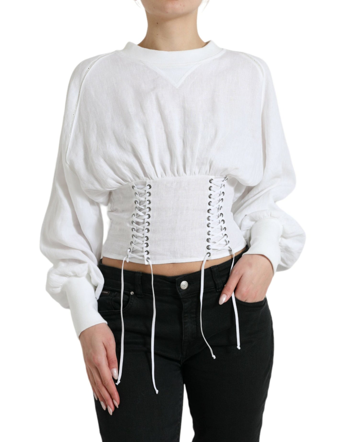 Dolce & Gabbana White Cotton Corset Cropped Long Sleeves Women's Topclothing