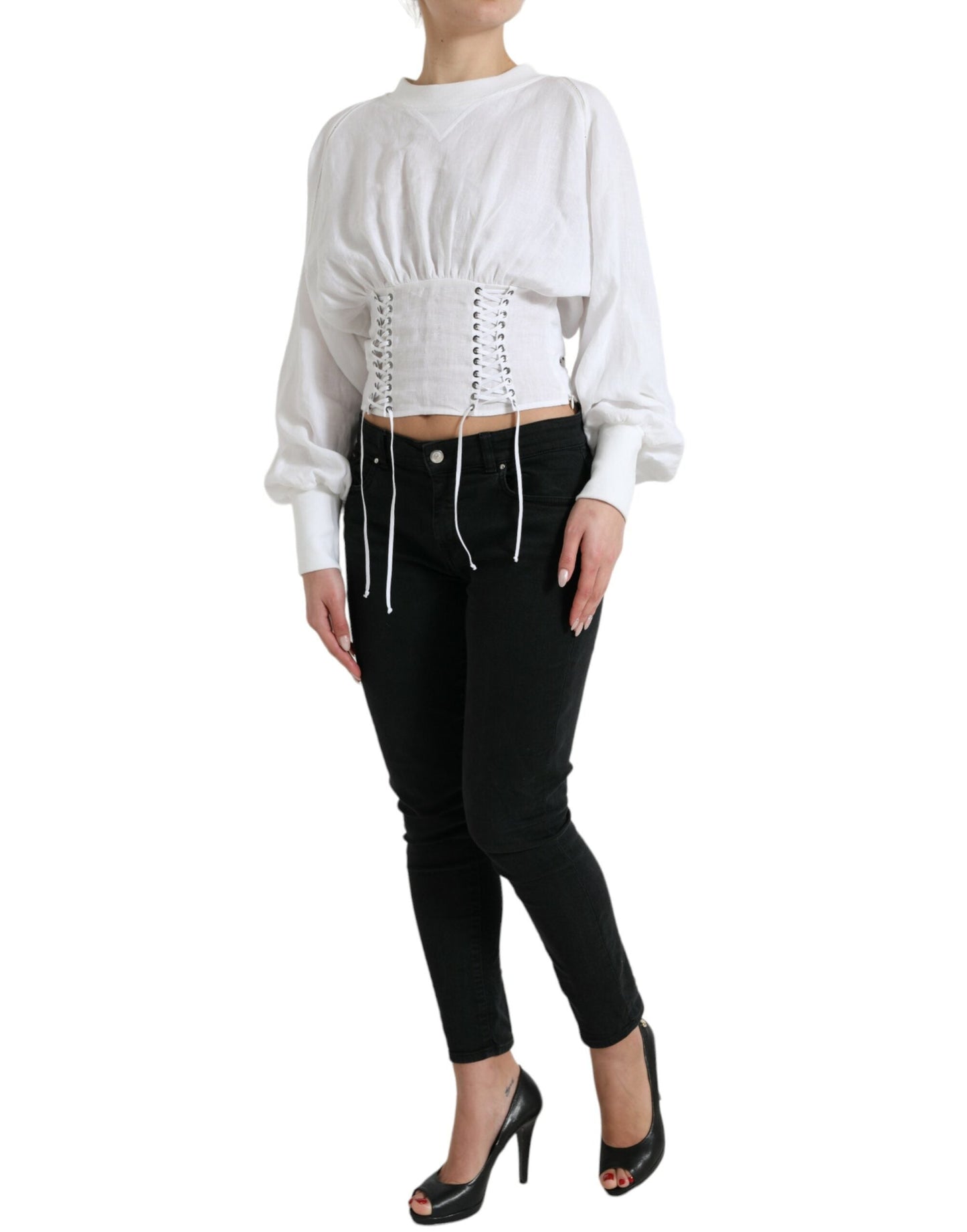 Dolce & Gabbana White Cotton Corset Cropped Long Sleeves Women's Topclothing