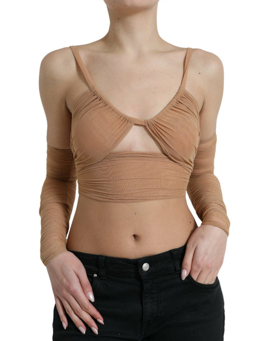 Dolce & Gabbana Brown Nylon Stretch Open Shoulder Cropped Women's Top