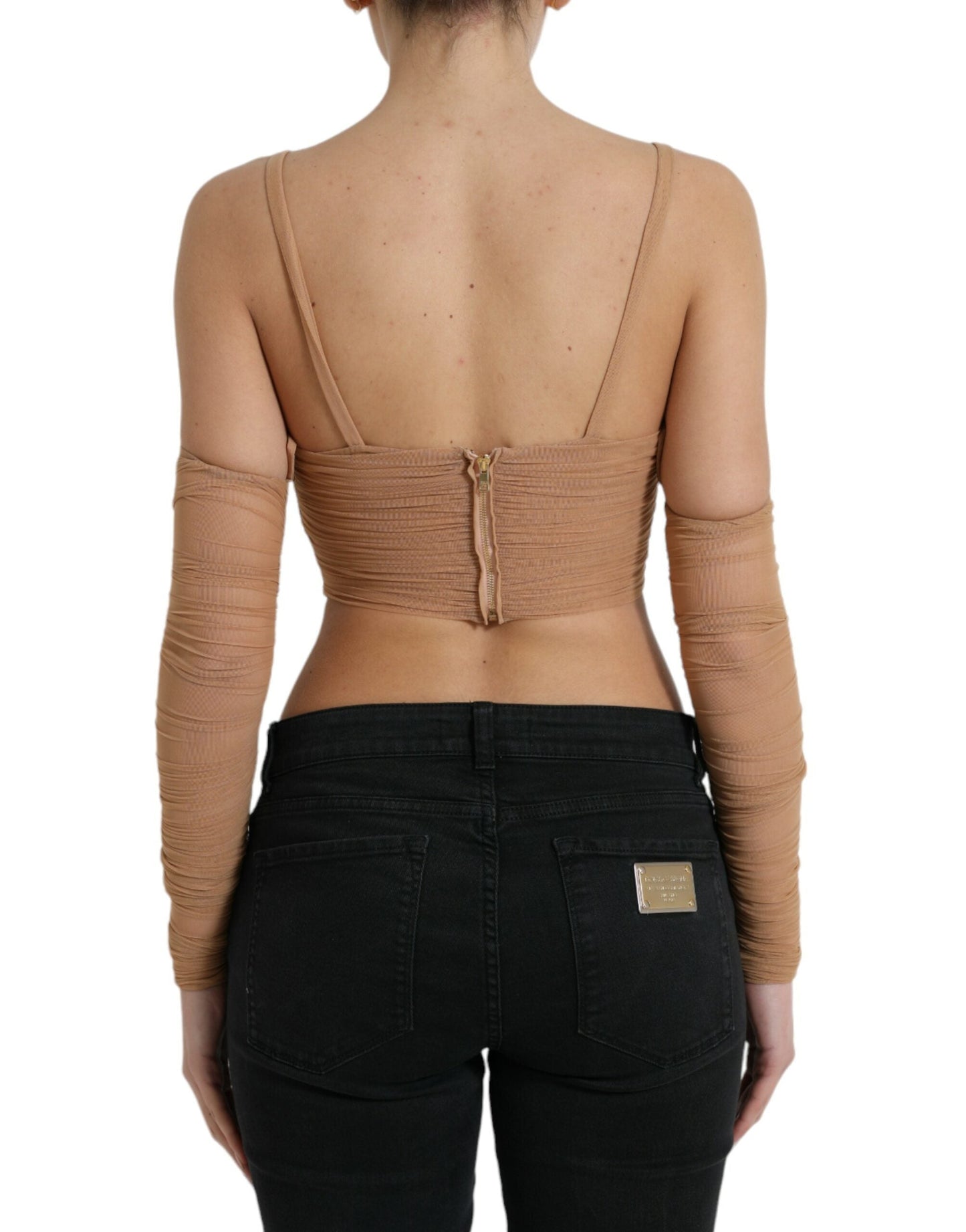 Dolce & Gabbana Brown Nylon Stretch Open Shoulder Cropped Women's Top