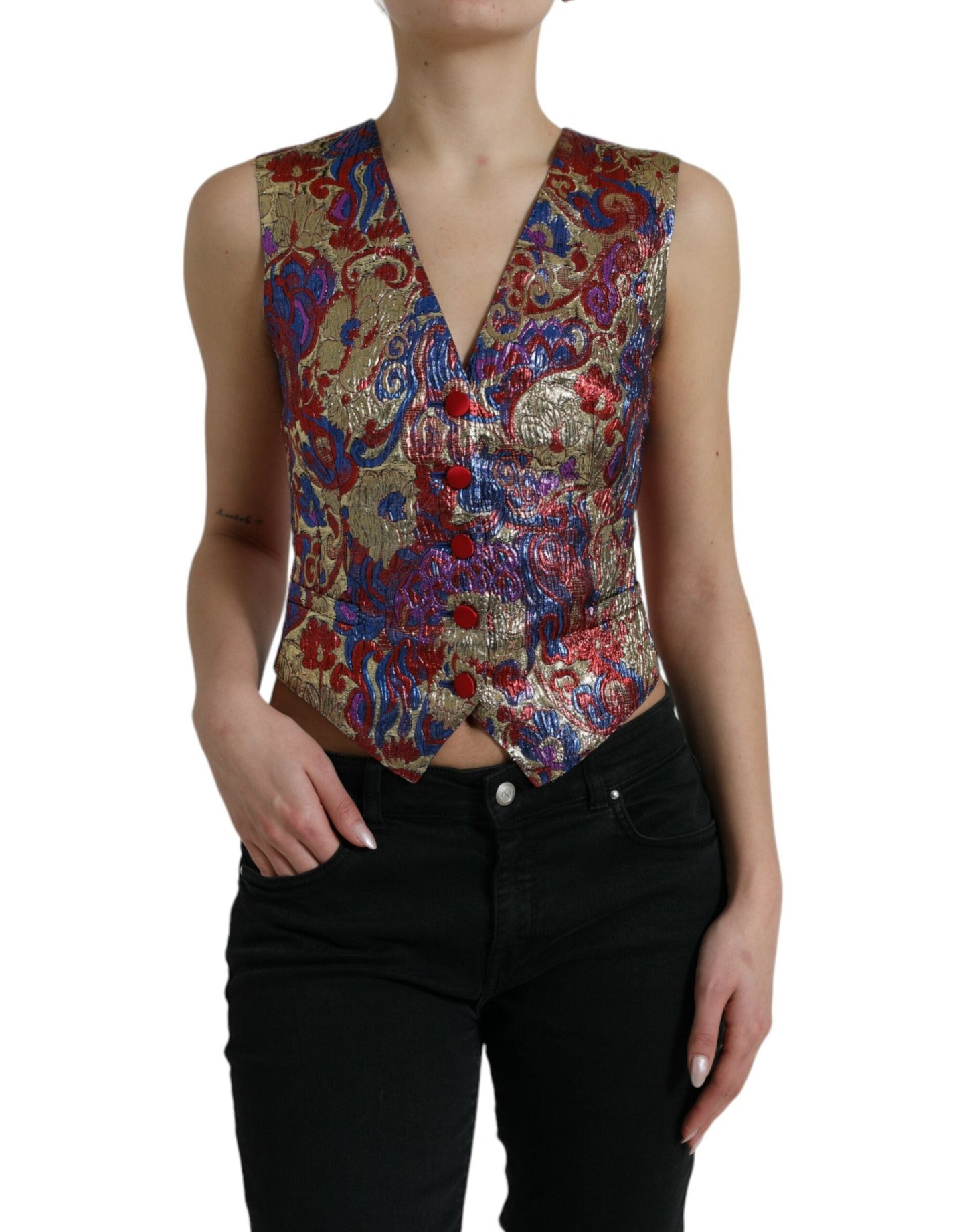 Dolce & Gabbana Multicolor Jacquard Button Waistcoat Vest Women's Top
