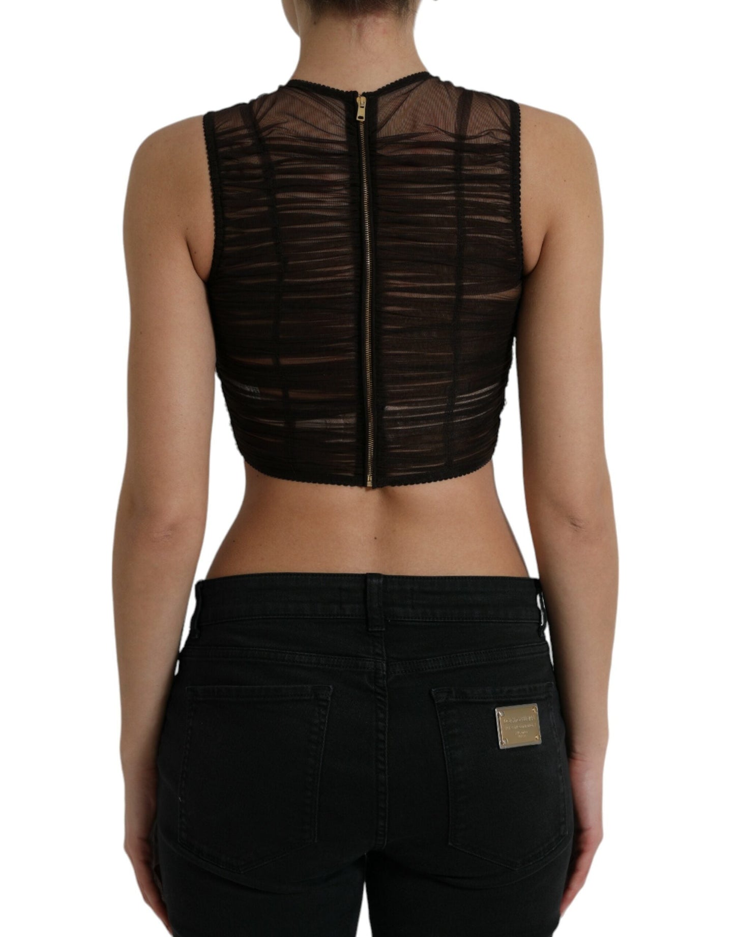 Dolce & Gabbana Brown Embellished Nylon Stretch Cropped Women's Top