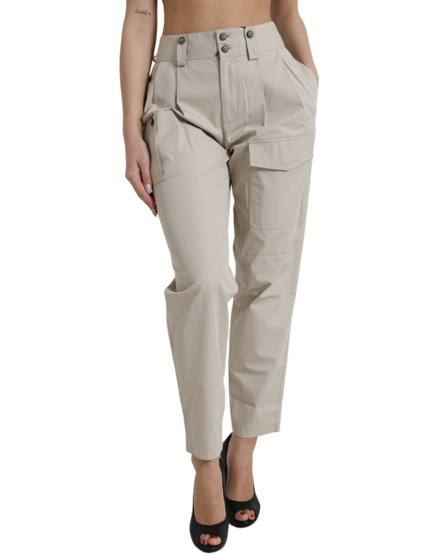 Dolce & Gabbana Beige Cotton High Waist Tapered Women's Pants