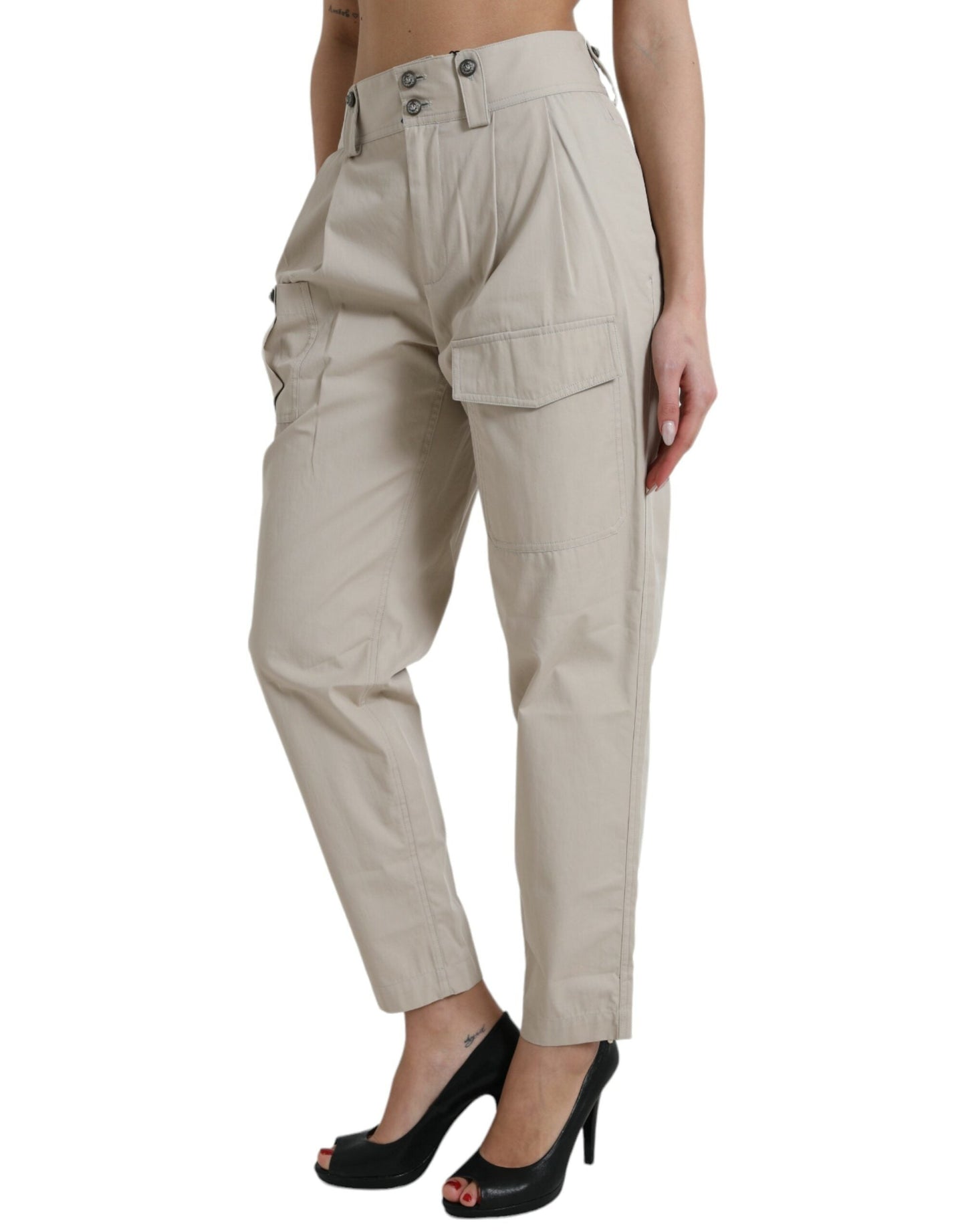 Dolce & Gabbana Beige Cotton High Waist Tapered Women's Pants
