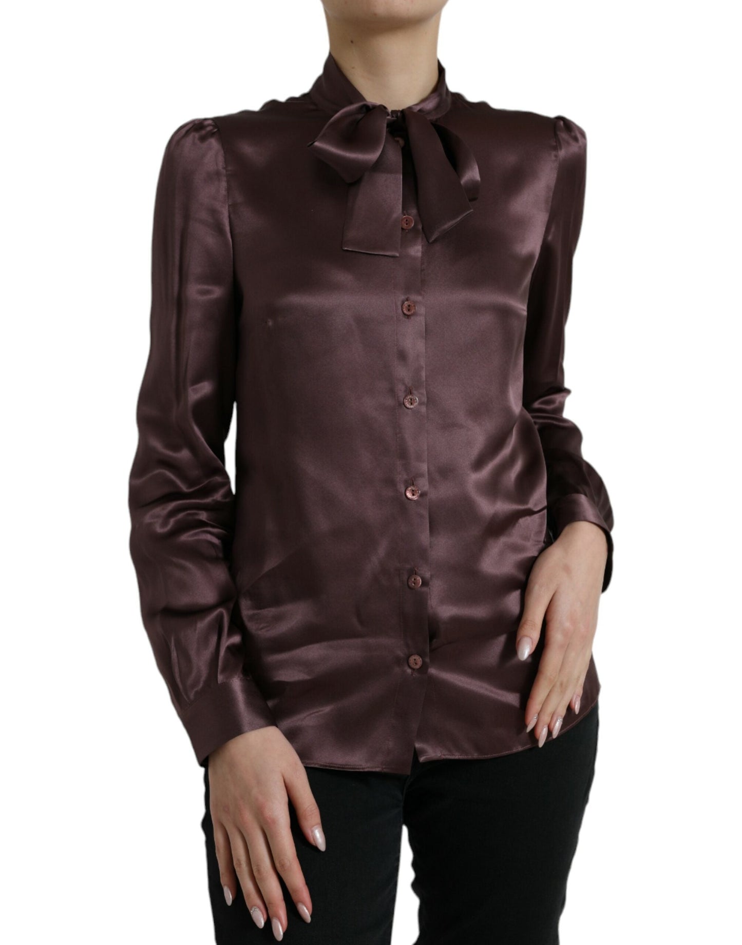 Dolce & Gabbana Brown Silk Ascot Collar Long Sleeve Blouse Women's Top