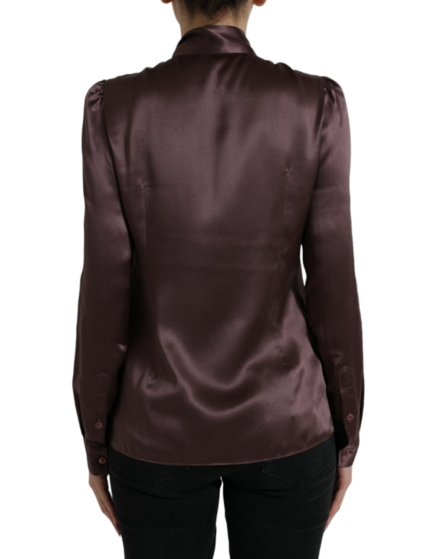 Dolce & Gabbana Brown Silk Ascot Collar Long Sleeve Blouse Women's Top