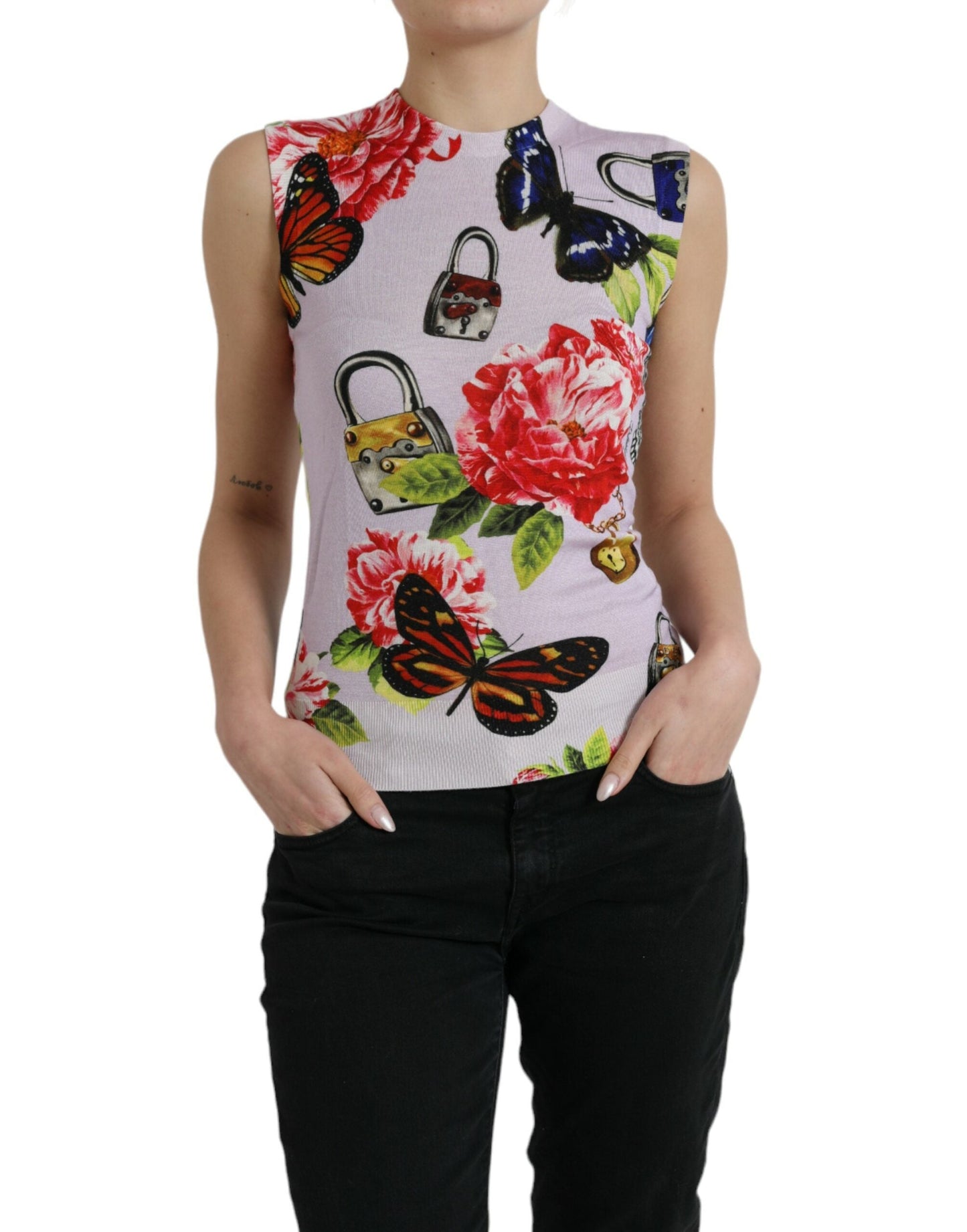 Dolce & Gabbana Multicolor Floral Padlock Butterfly Tank Women's Top