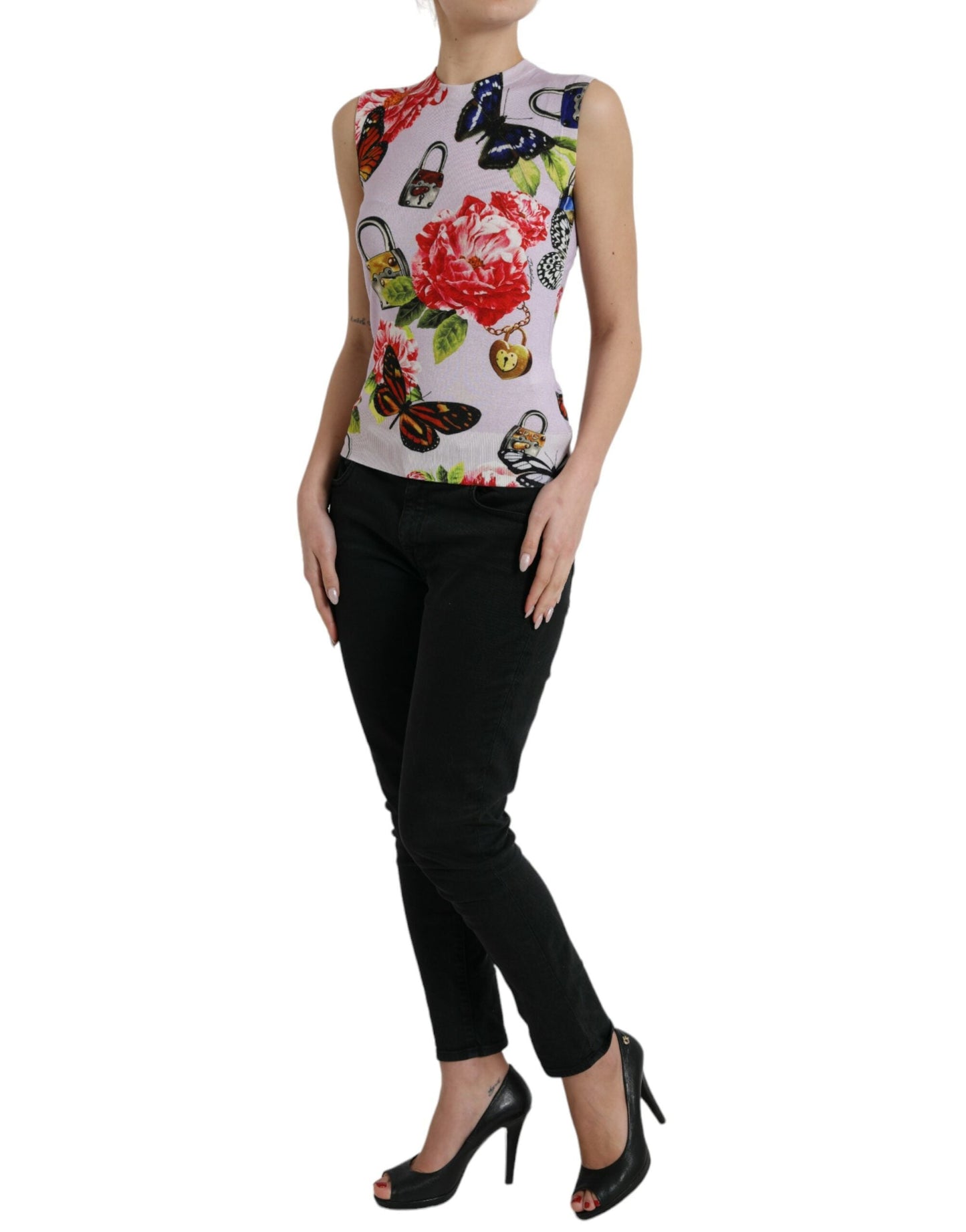 Dolce & Gabbana Multicolor Floral Padlock Butterfly Tank Women's Top