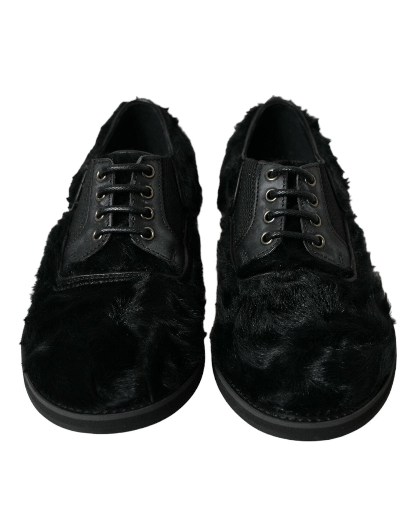 Dolce & Gabbana Black Fur Leather Lace Up Derby Dress Men's Shoes