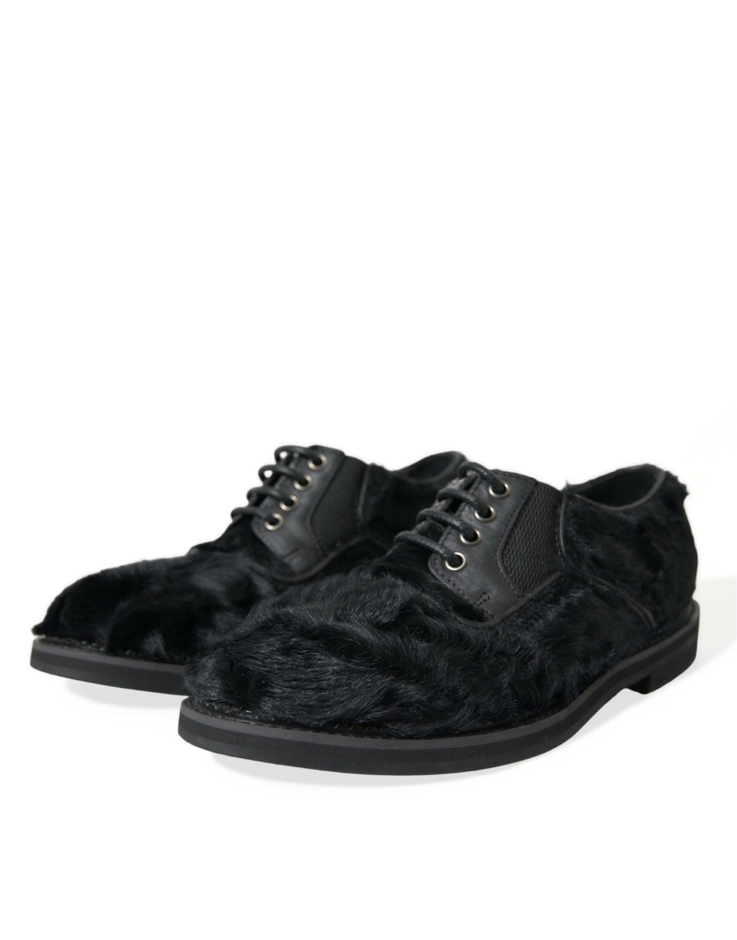 Dolce & Gabbana Black Fur Leather Lace Up Derby Dress Men's Shoes