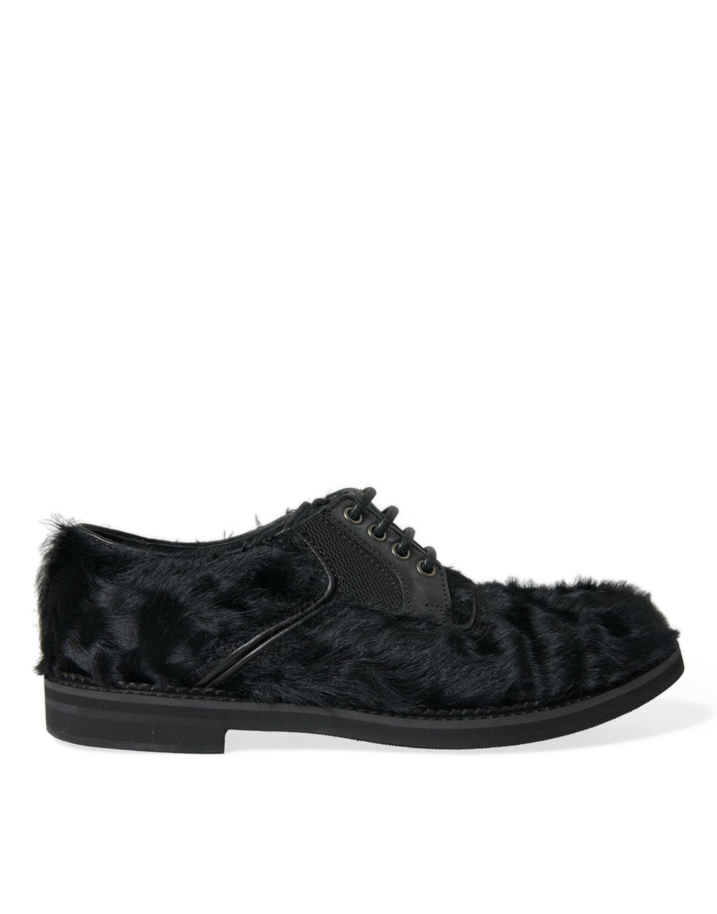 Dolce & Gabbana Black Fur Leather Lace Up Derby Dress Men's Shoes