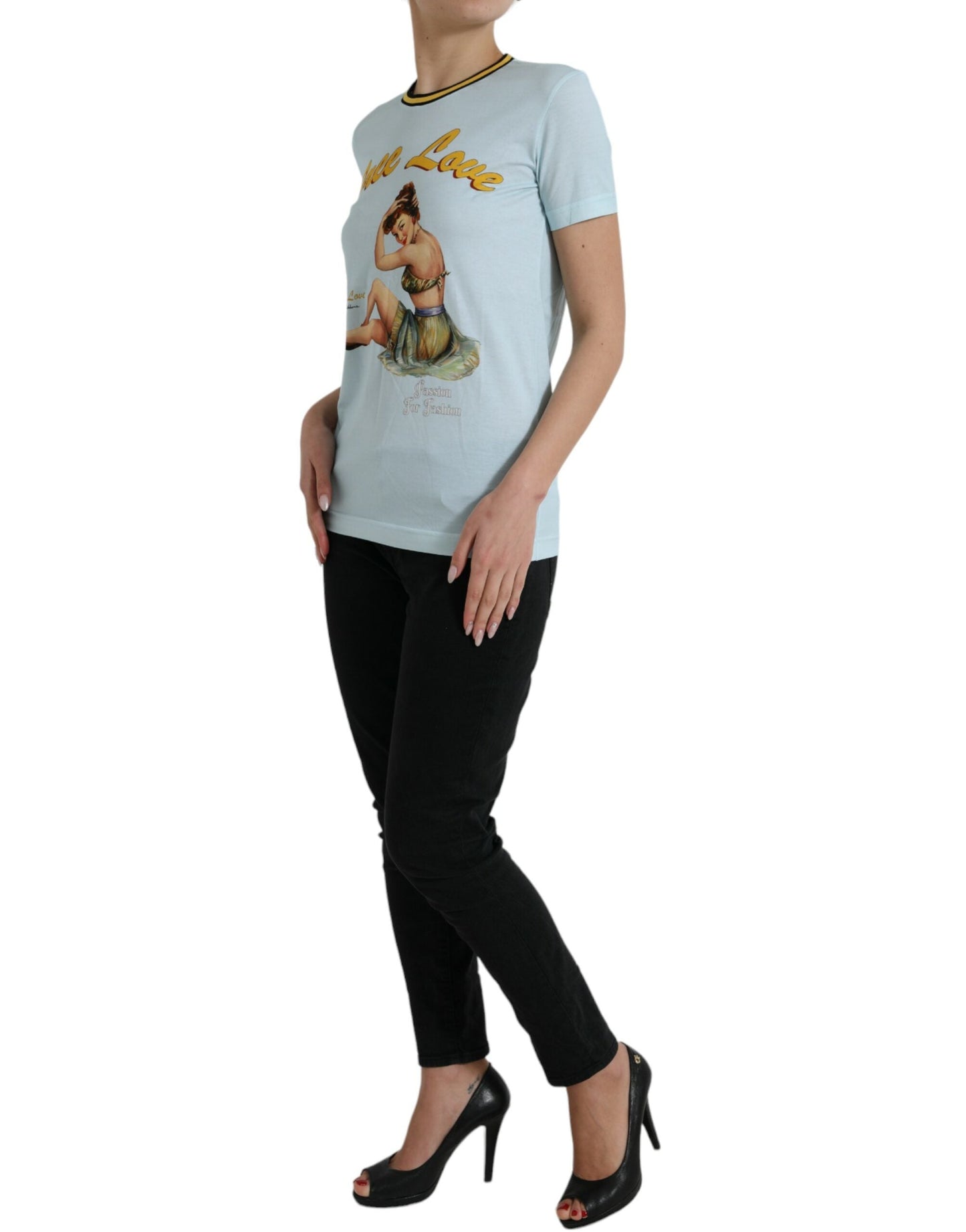 Dolce & Gabbana Light Blue Cotton Free Love Crew Neck Women's T-shirt
