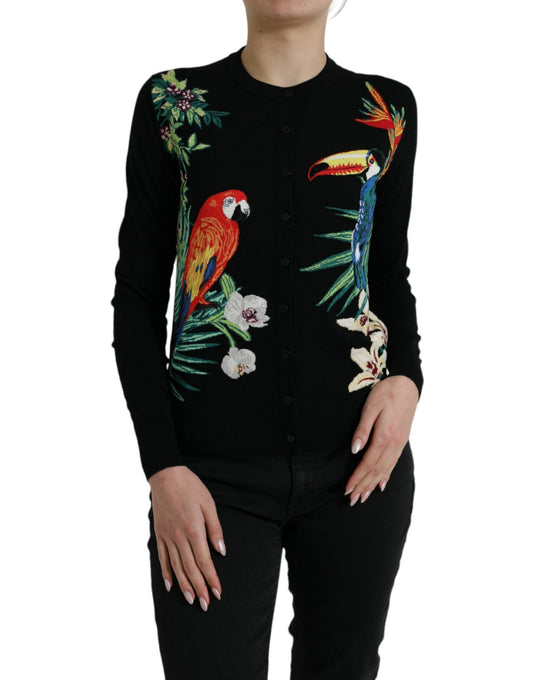 Dolce & Gabbana Black Bird Wool Long Sleeve Cardigan Women's Sweater