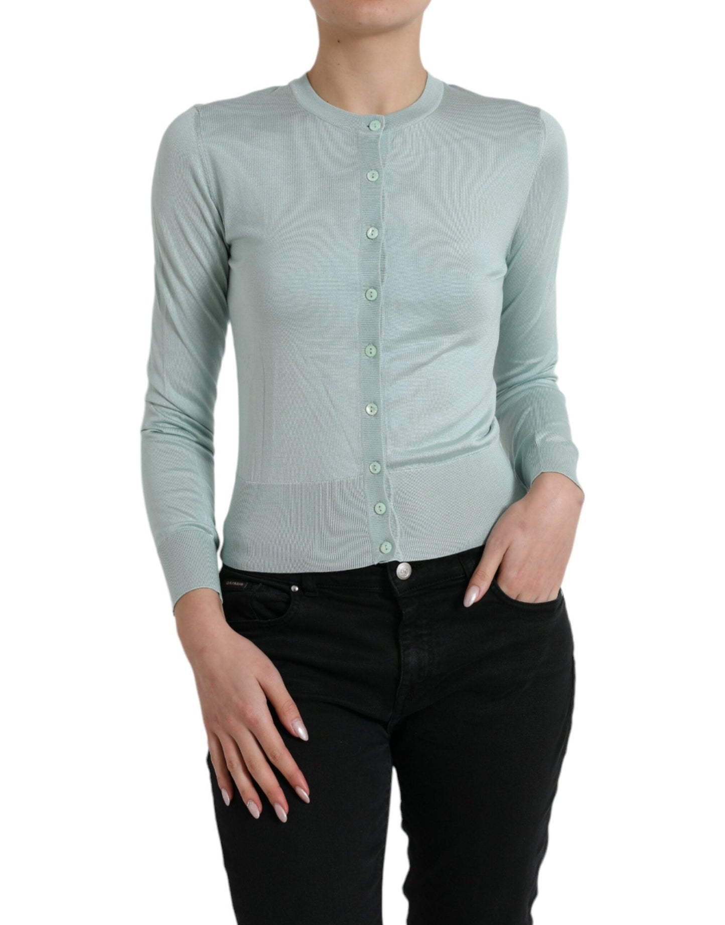 Dolce & Gabbana Light Blue Silk Crew Neck Cardigan Women's Sweater
