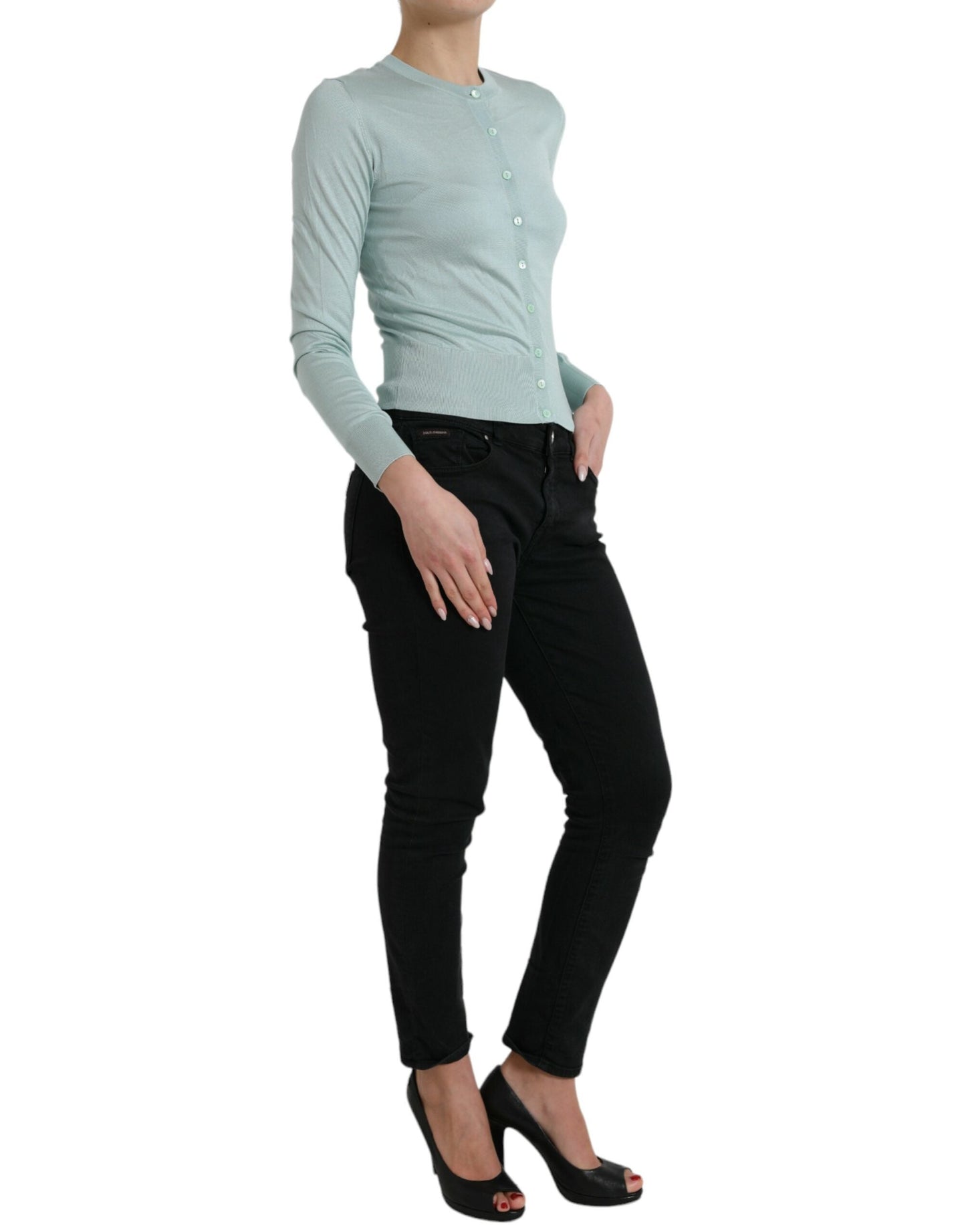 Dolce & Gabbana Light Blue Silk Crew Neck Cardigan Women's Sweater