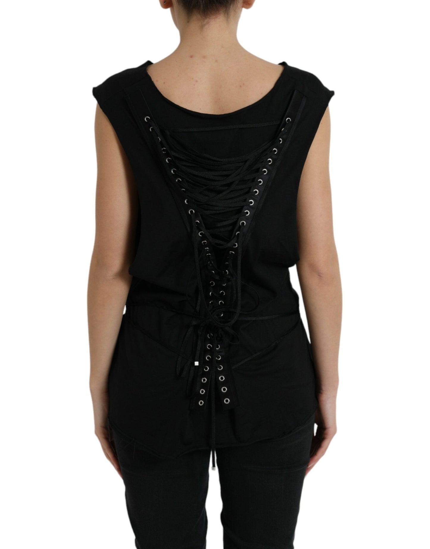 Dolce & Gabbana Black Cotton Lace Up Logo Round Neck Tank Women's Top