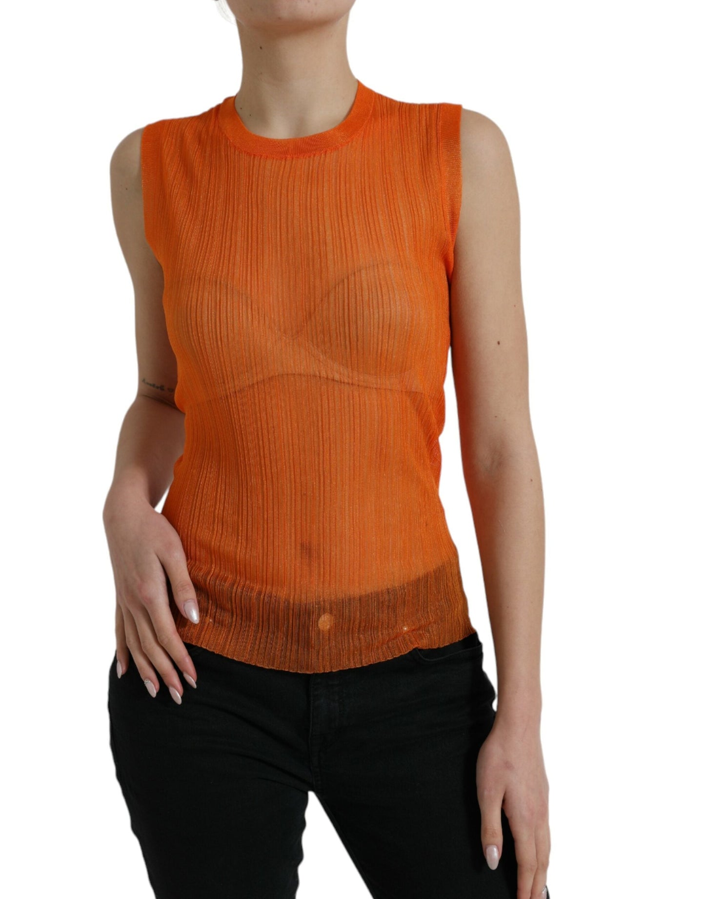 Dolce & Gabbana Orange See Through Crew Neck Blouse Tank Women's Top
