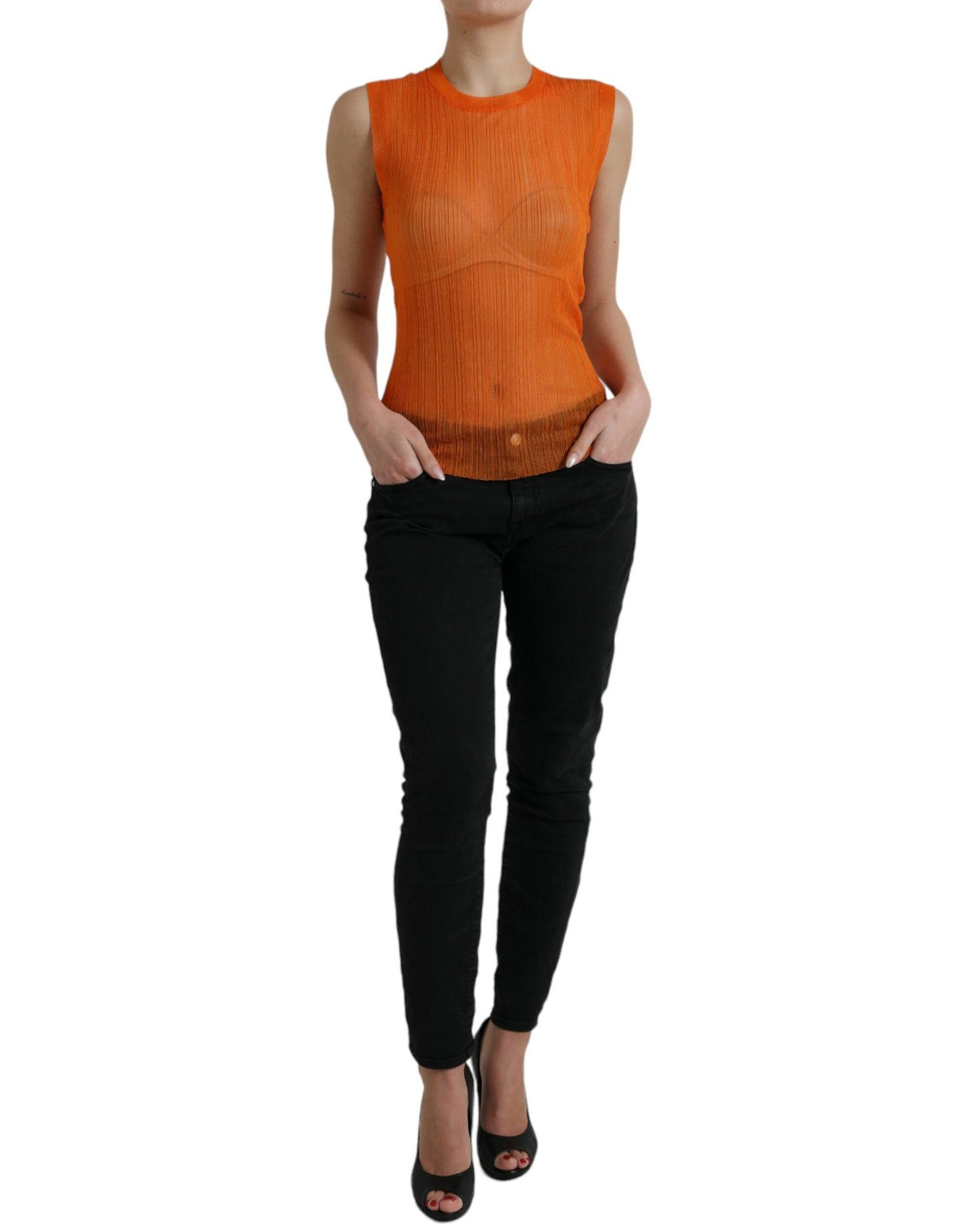Dolce & Gabbana Orange See Through Crew Neck Blouse Tank Women's Top
