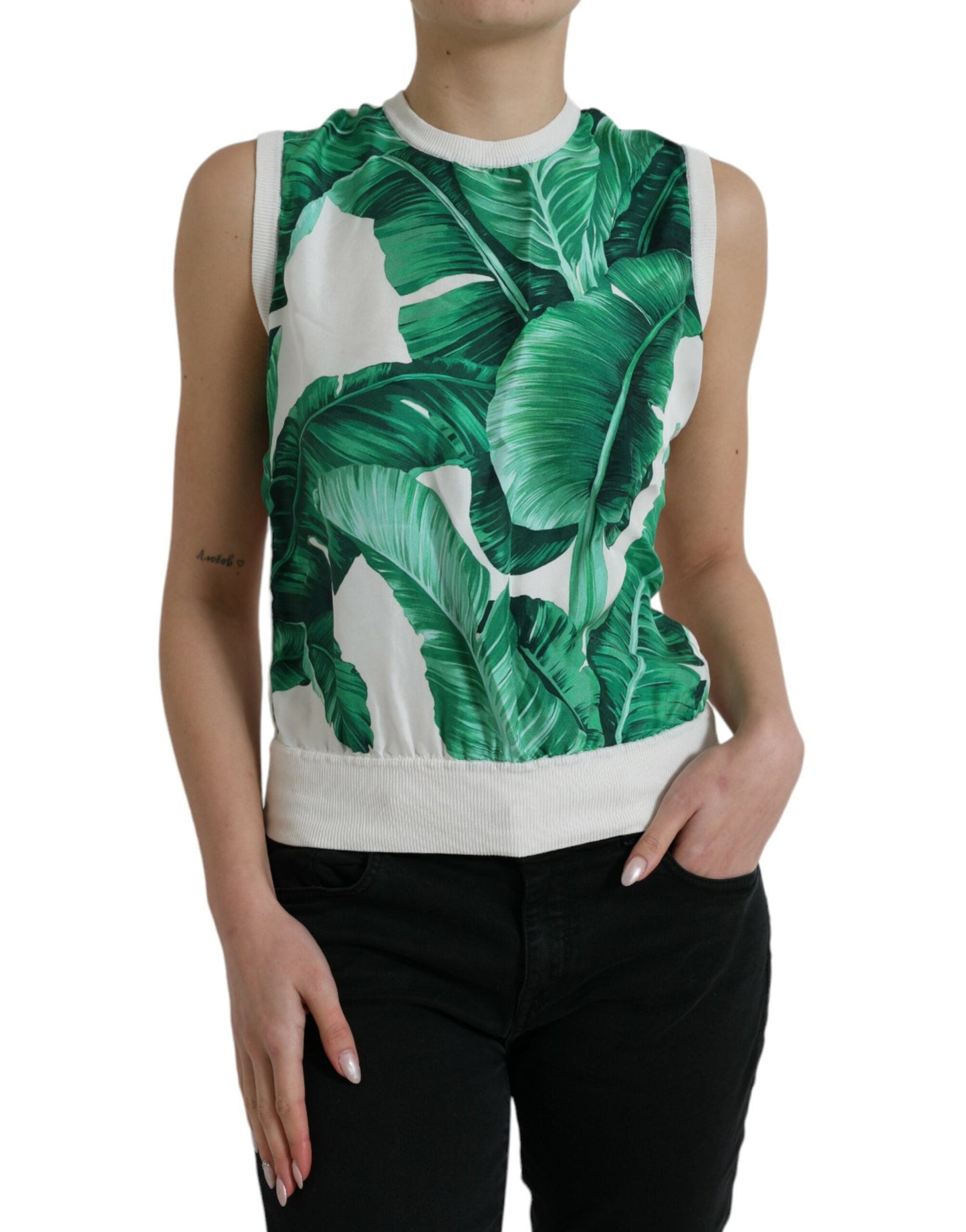 Dolce & Gabbana White Banana Leaf Print Crew Neck Tank Women's Top