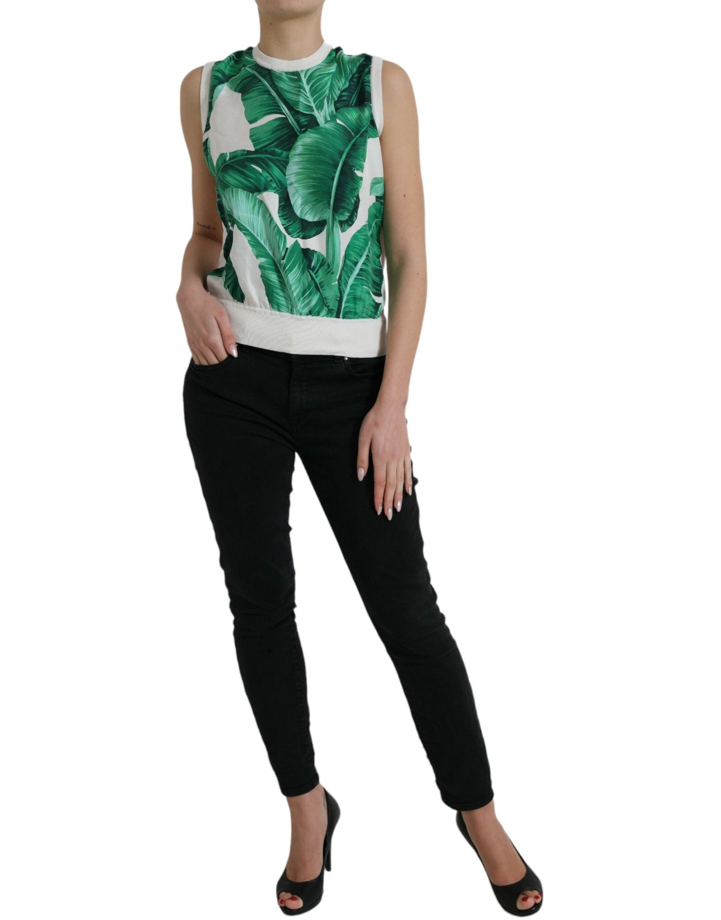 Dolce & Gabbana White Banana Leaf Print Crew Neck Tank Women's Top