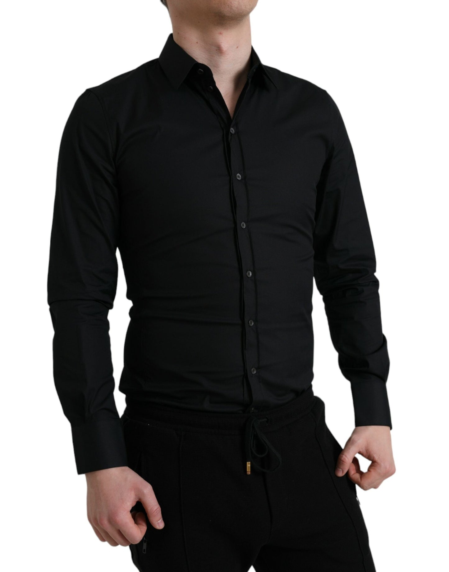 Dolce & Gabbana Black Cotton Stretch Slim Formal Dress Men's Shirt