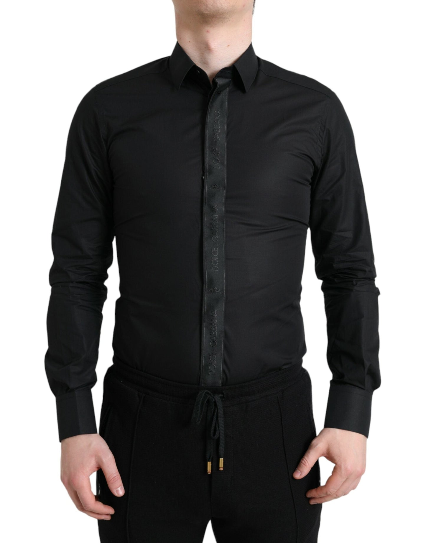 Dolce & Gabbana Black Cotton Logo Formal GOLD Dress Men's Shirt