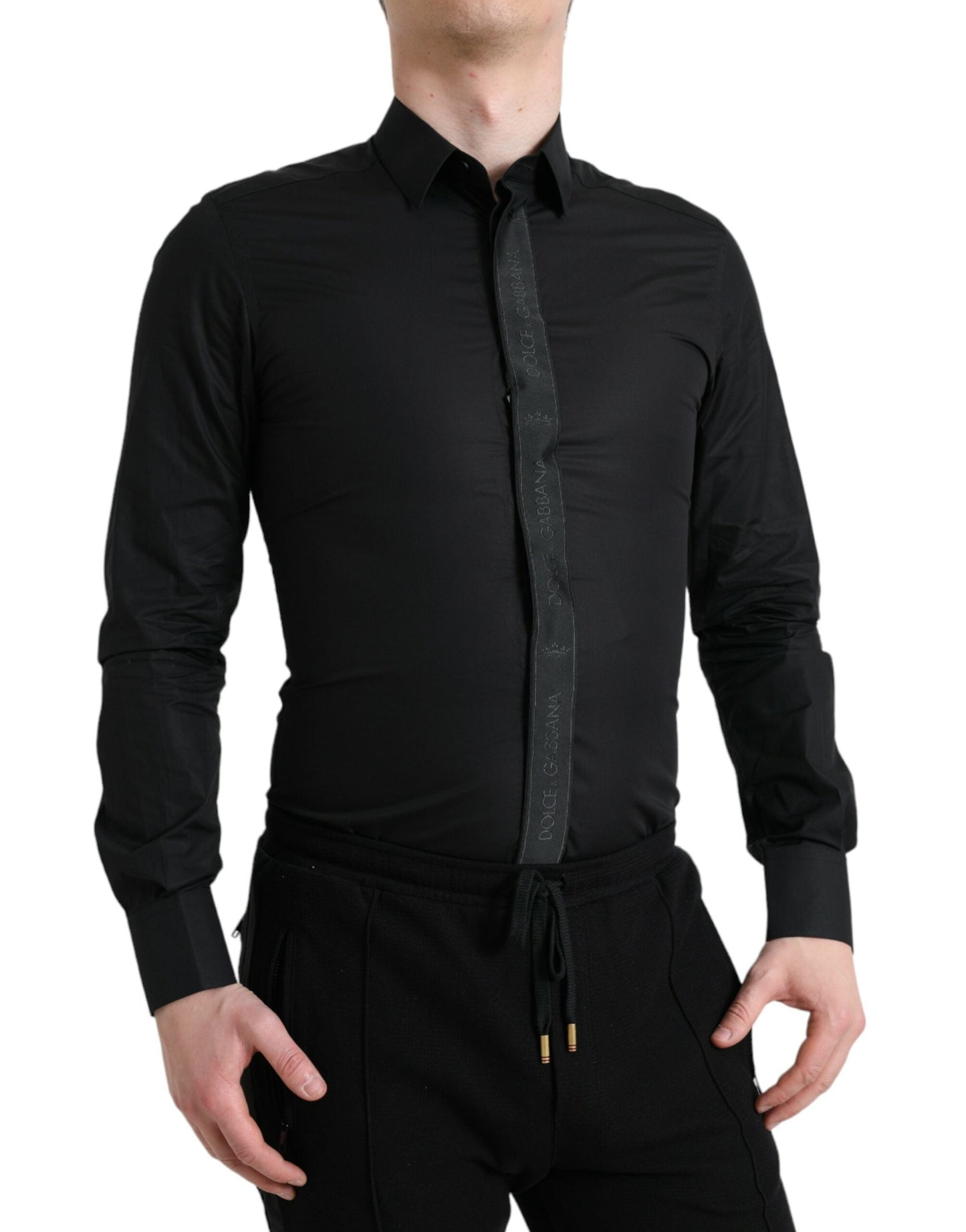 Dolce & Gabbana Black Cotton Logo Formal GOLD Dress Men's Shirt