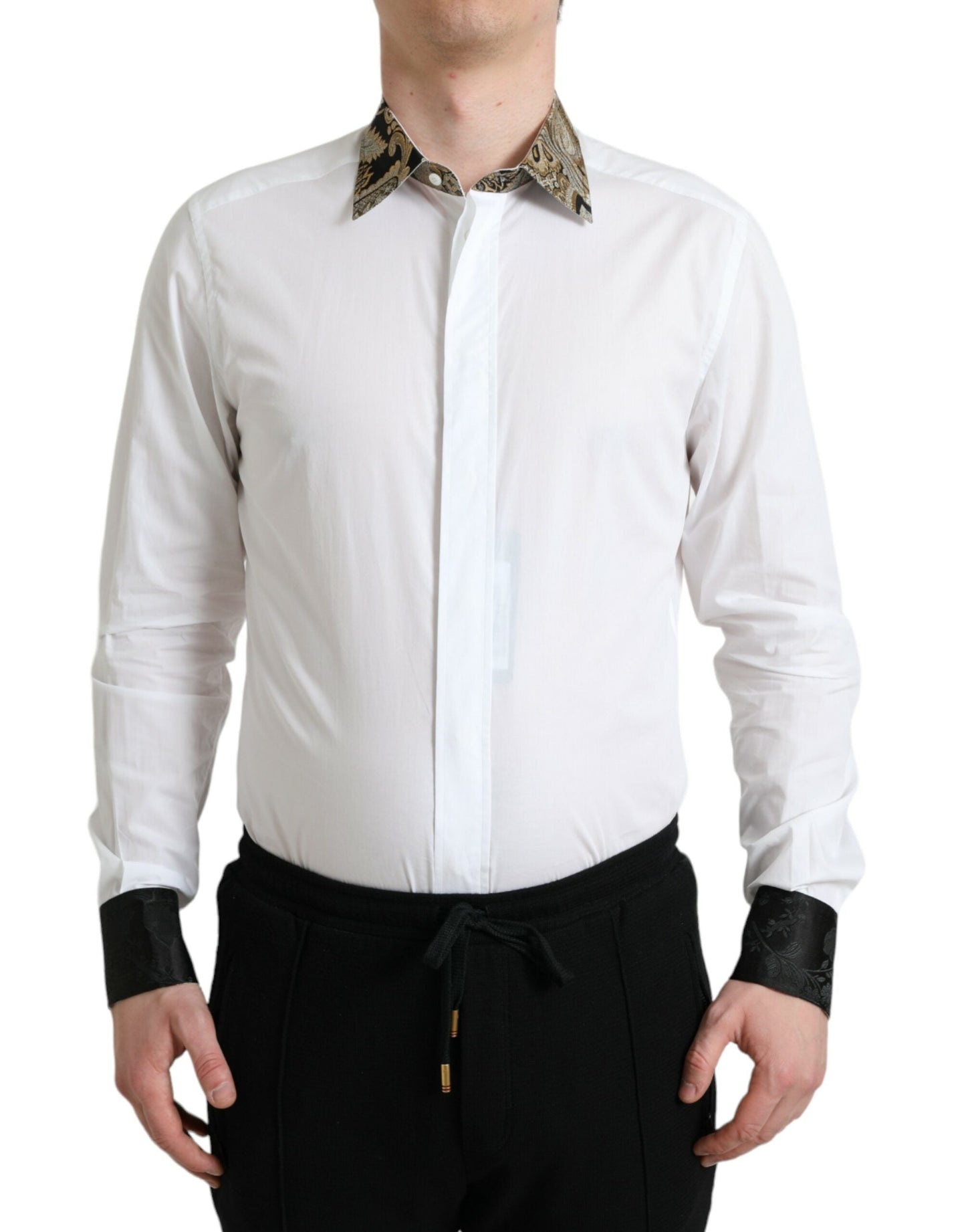 Dolce & Gabbana White Cotton Jacquard Formal GOLD Dress Men's Shirt