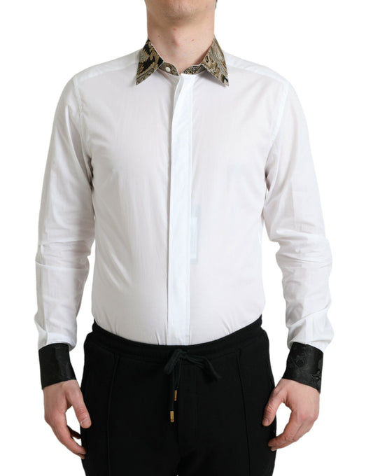 Dolce & Gabbana White Cotton Jacquard Formal GOLD Dress Men's Shirt