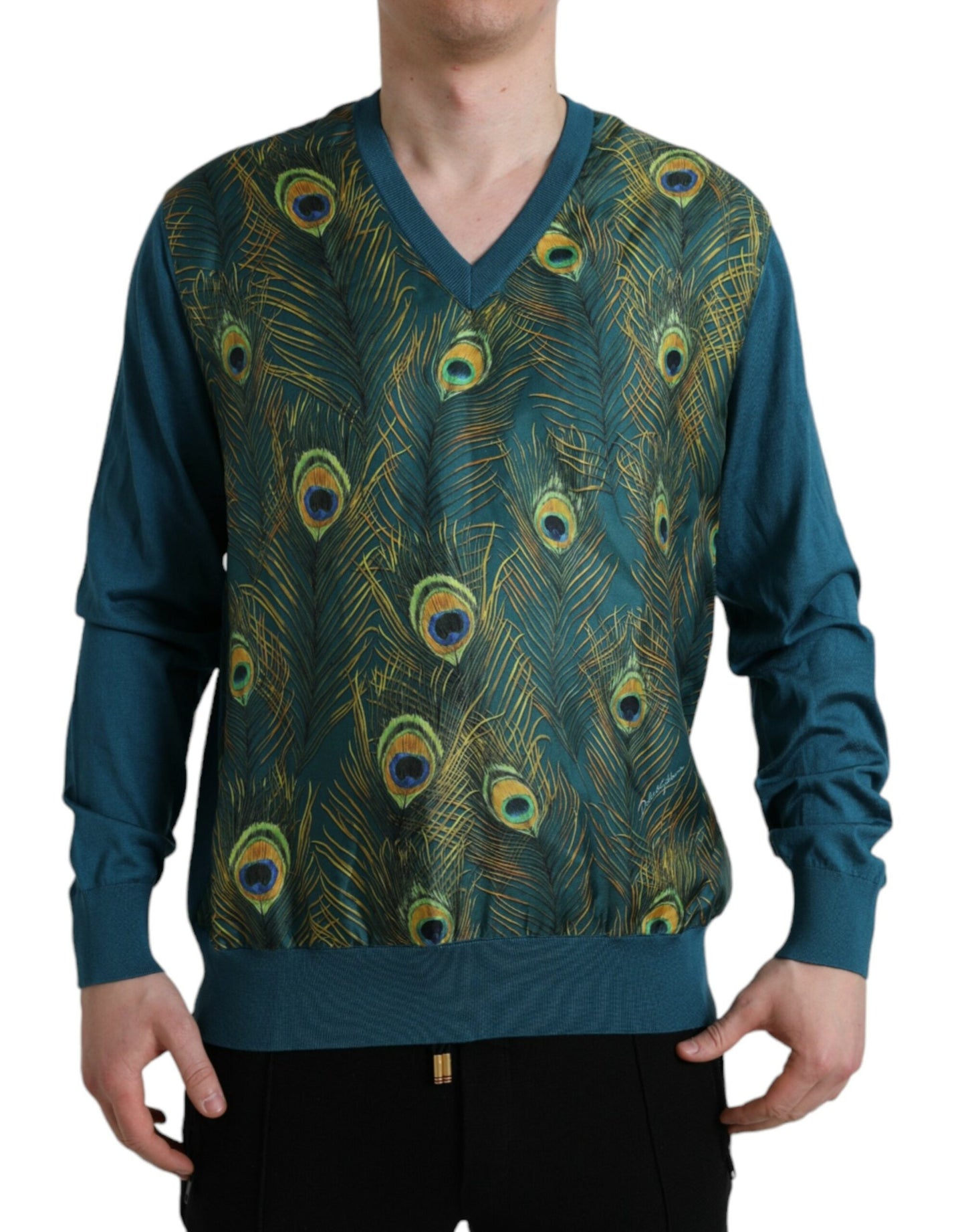 Dolce & Gabbana Green Peacock Feather Pullover Men's Sweater