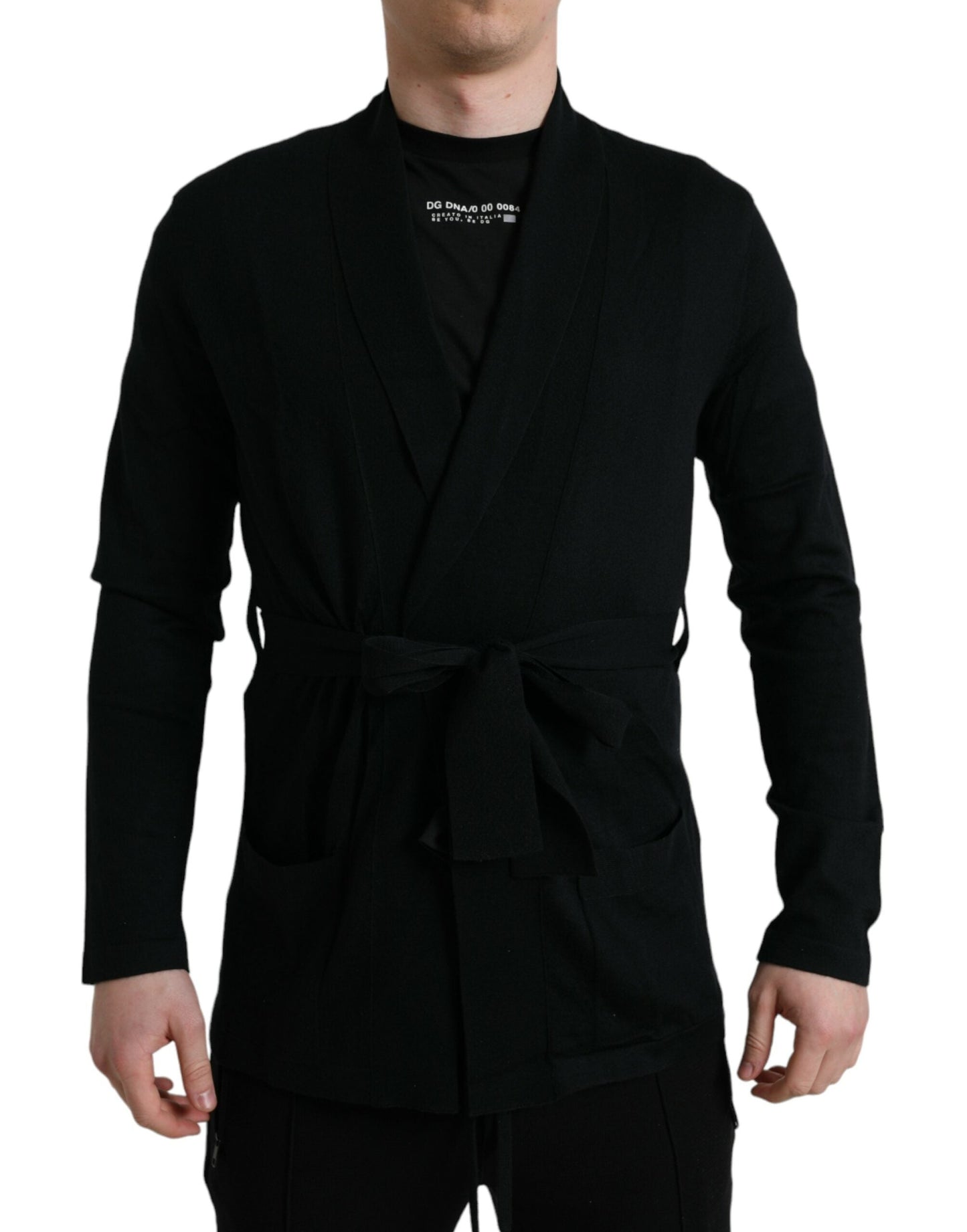 Dolce & Gabbana Black Cashmere Long Sleeves Belted Wrap Men's Robe
